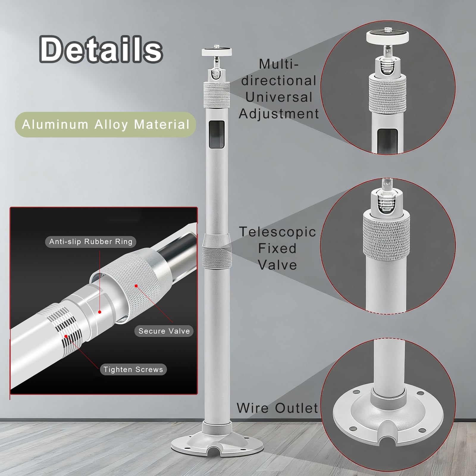 Diese teleskopische Sicherheitskamera-Stangenhalterung aus Aluminiumlegierung dient zur Verlängerung von Überwachungskameras und Solarmodulen und kann vertikal an Wand oder Decke montiert we