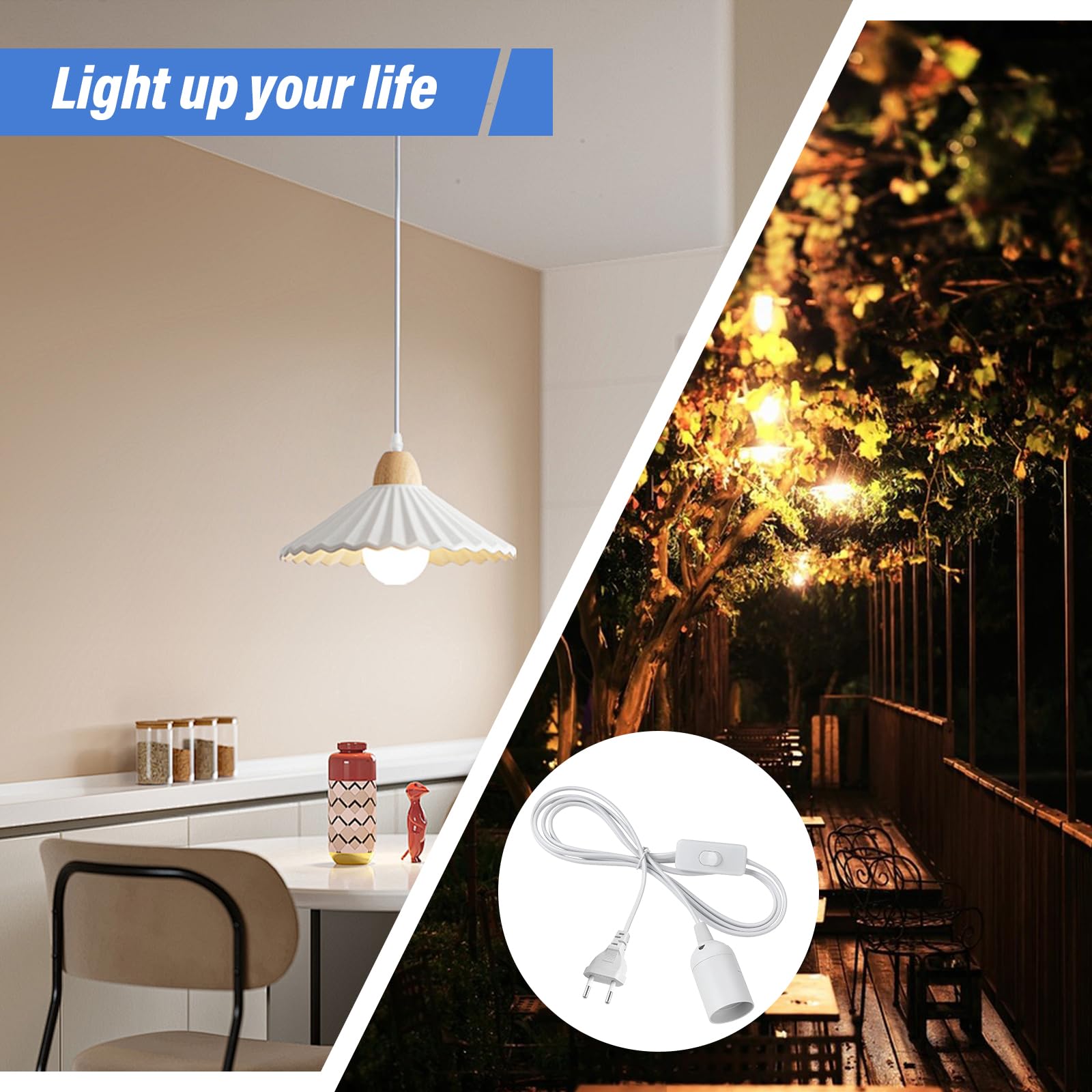Portalampada E27 con Interruttore a Filo Cavo e Presa 3 Pezzi Bianco | 3m Elettrica Lampadario Sospensione Compatibile con Lampadine E27 (Lampadina non Inclusa)