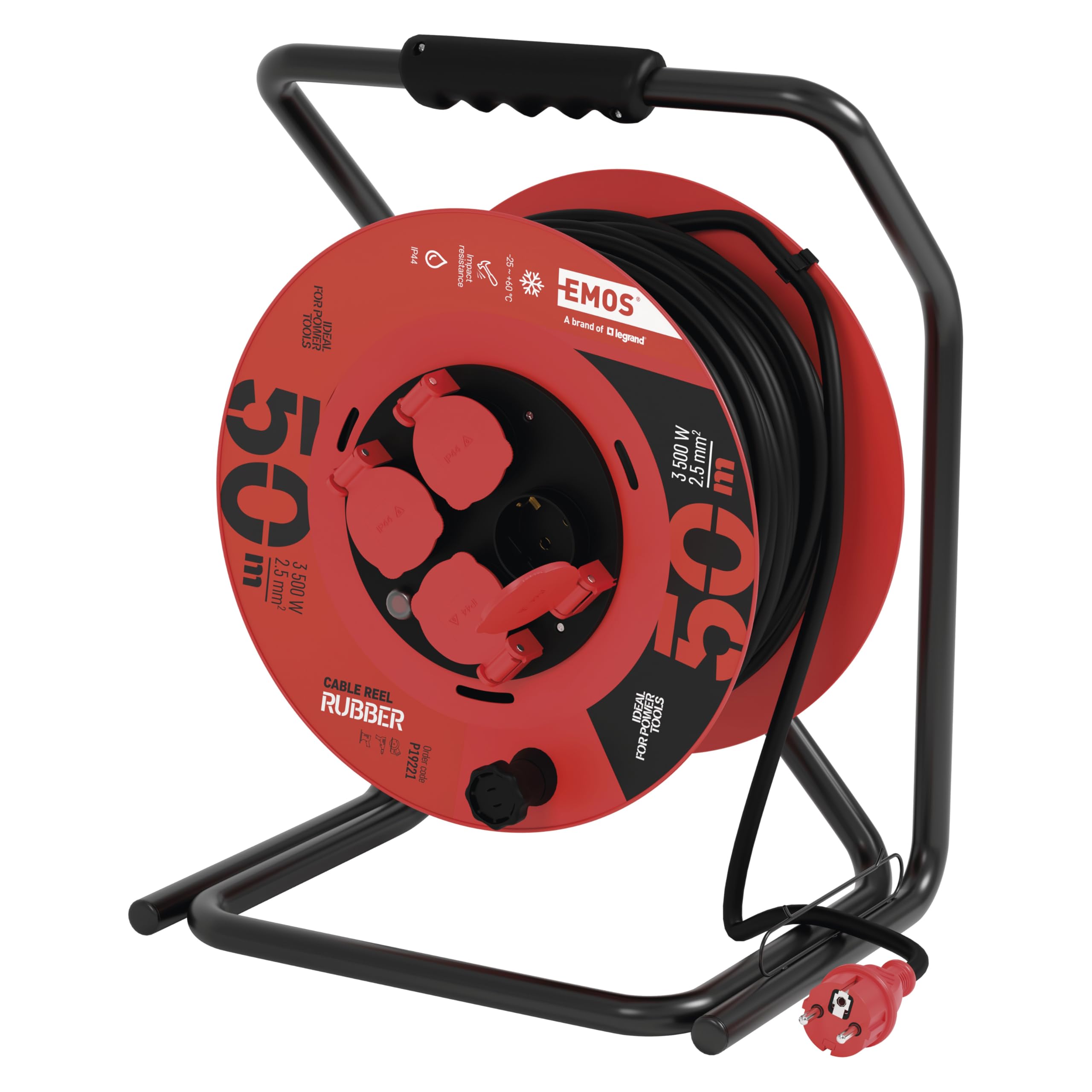 EMOS - Avvolgicavo da 50 m - 4 prese Schuko - impermeabile, resistente agli urti, resistente alle temperature - 230 V, 15 A, 3500 W - Isolamento in gomma - H05RR-F 2,5 mm2 - IP44 per esterni