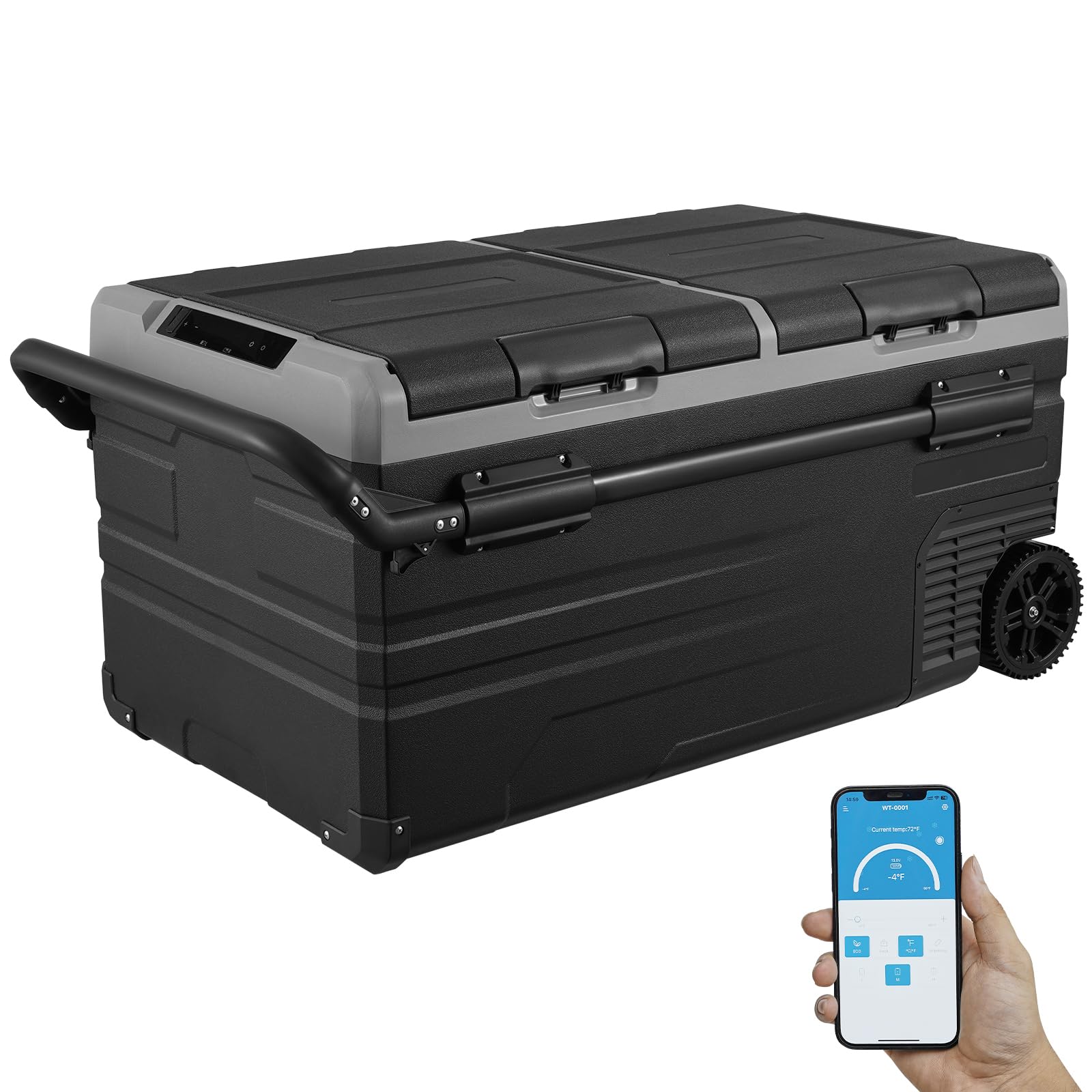 VEVOR Nevera de Compresión Portátil 95L, Mini Nevera para Coche de 12V, Nevera de Doble Zona, Temperatura Ajustable de -​20°C a 20°C, con Ruedas y Asa, para Camión, Barco, Casa, 1005 x 571 x 465 mm