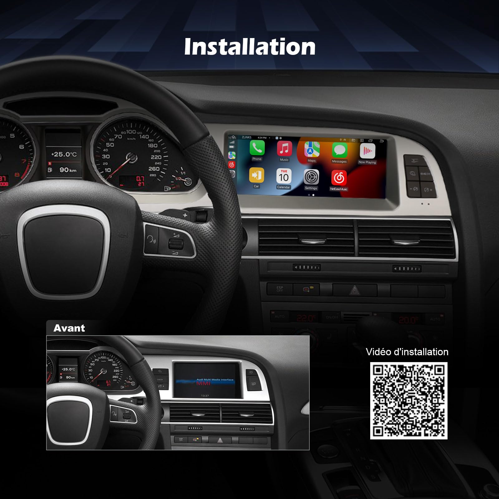 Android 16 Qualcomm 8 cœurs 4 Go 64 Go Autoradio Stéréo pour Audi A6 Système MMI-2G-HIGH, Compatible GPS, Carplay sans Fil, écran IPS 8,8 Pouces SWC WiFi DSP Dab+ Bluetooth 5.1 Canbus OEM Radio