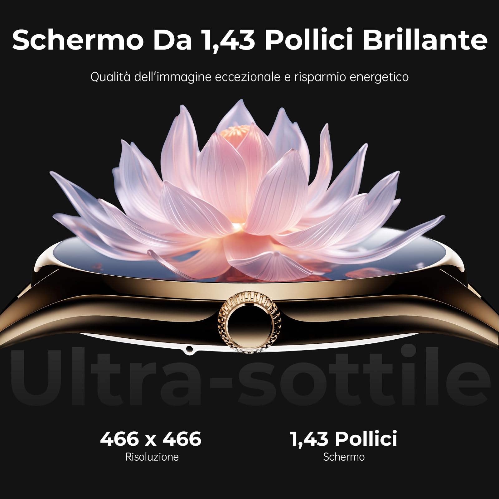 Smartwatch Donna con Display AMOLED 1,43'', Orologio Fitness con Monitoraggio Pulsazioni/SpO2/Ciclo Mestruale/Sonno, 120+ Modalità Sport, Design Slim Elegante per Donne (Rosé Oro/Nero)