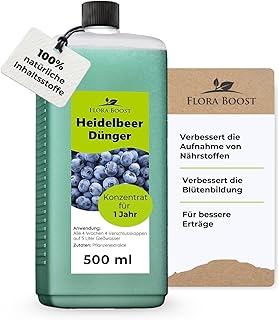 Konfitee Heidelbeer Dünger Flora Boost 500ml I Für bis zu 100L Gießwasser I Obst- & Beerendünger für Heidelbeeren I Flüssiger Blatt- & Wurzeldünger I 100% natürlicher Pflanzendünger