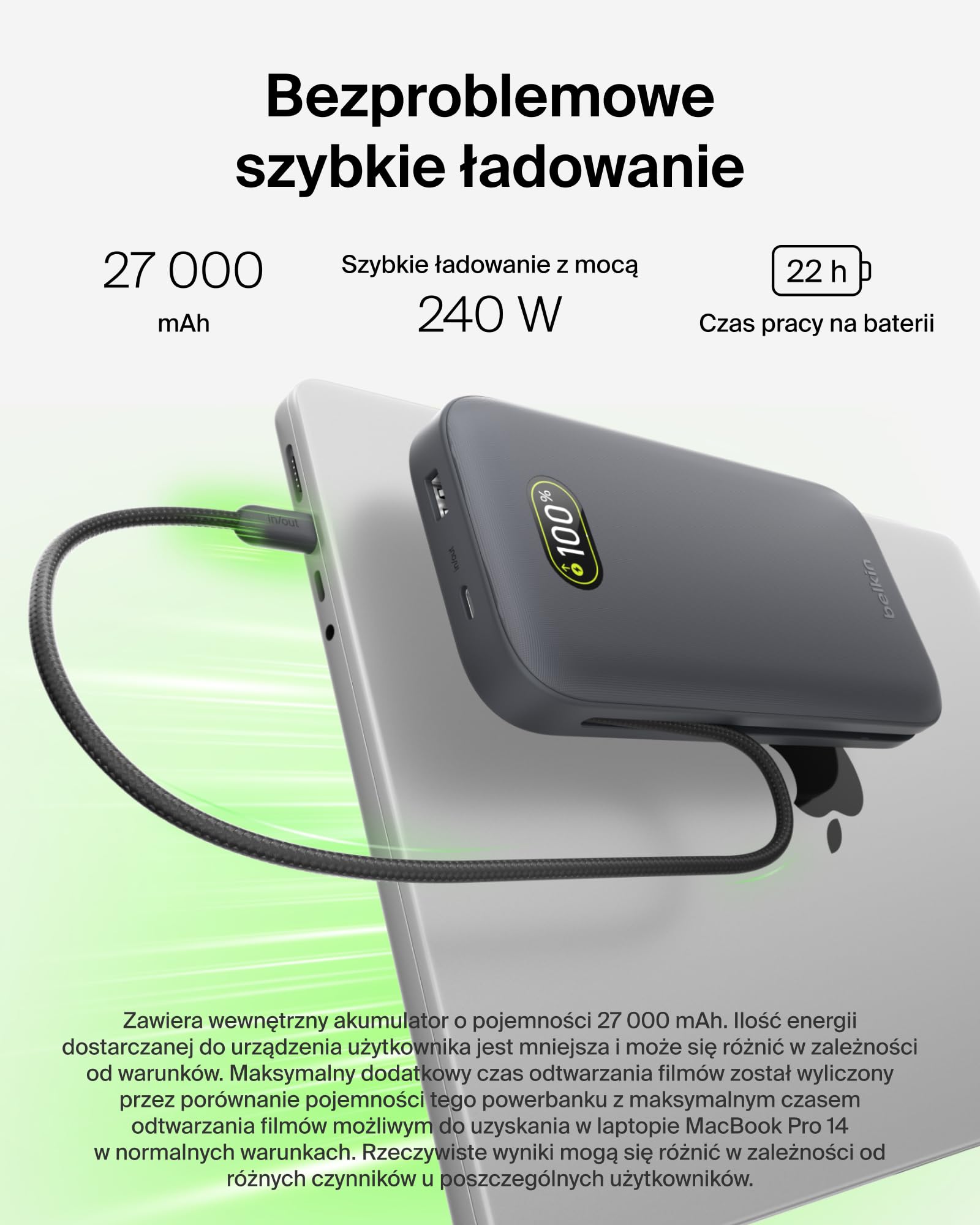 Belkin UltraCharge Pro Powerbank 27 000 mAh, Przenośna Ładowarka ze Wbudowanym Kablem USB-C, 240 W USB PD – Szybkie Ładowanie Urządzeń MacBook Pro, iPhone, iPad, Galaxy, Pixel i Innych – Antracytowy