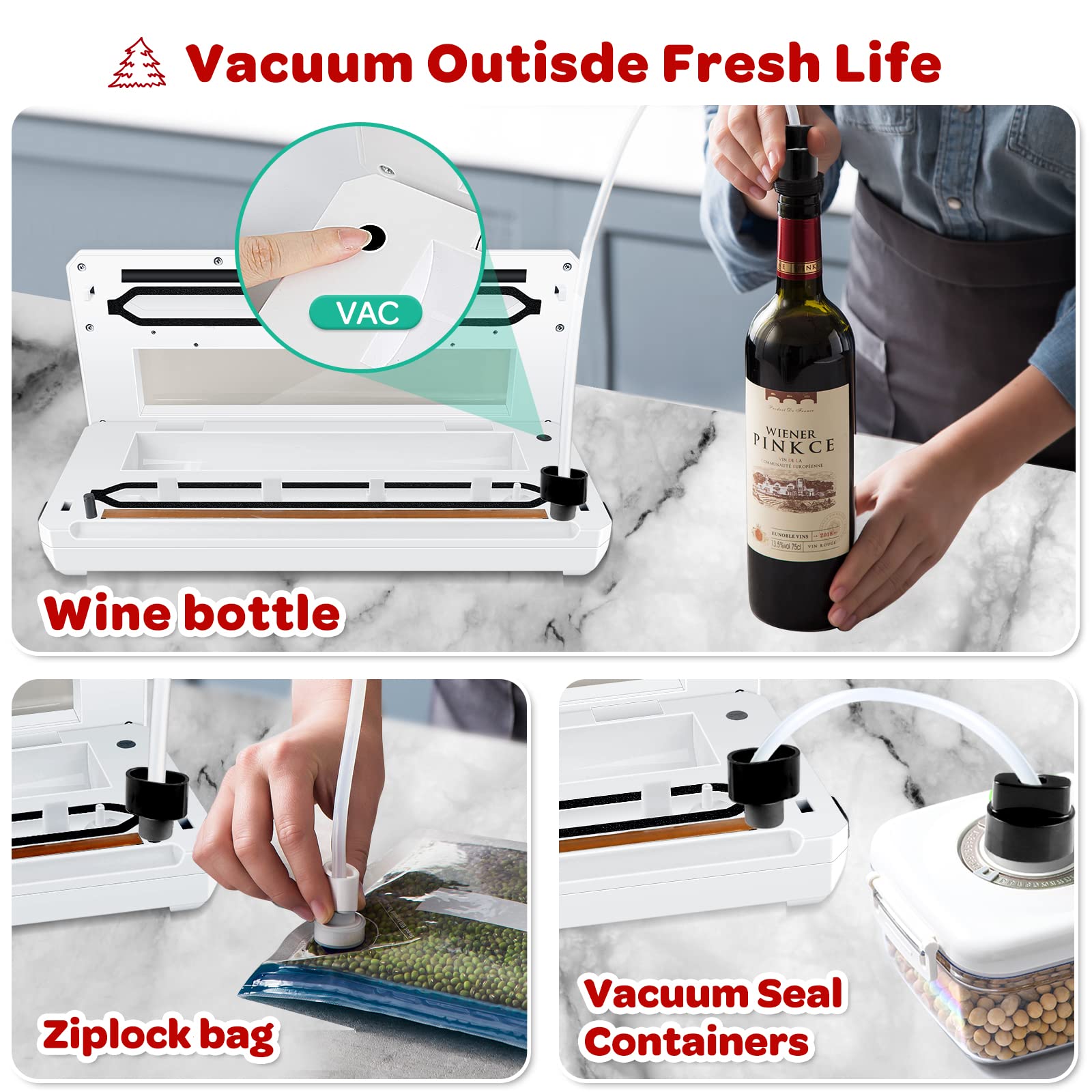 Macchina sottovuoto 80 KA in acciaio inox per sottovuoto per alimenti secchi e umidi con taglierina e rotoli di pellicola, inclusi pellicola sottovuoto e tubi flessibili