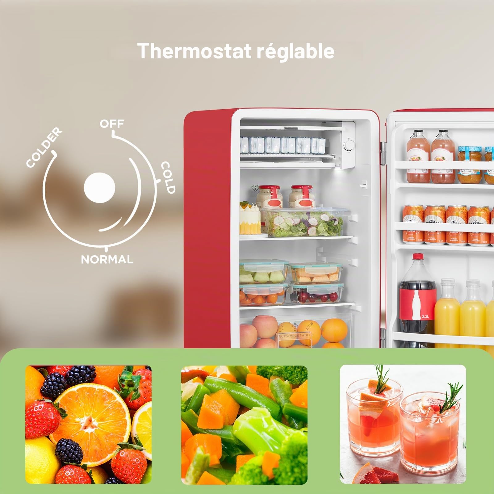 COMFEE' Petit réfrigérateur, 93 litres, design rétro, mini réfrigérateur, réfrigérateur de table, thermostat réglable, silencieux, adapté à la maison, au bureau et à l'hôtel, rouge