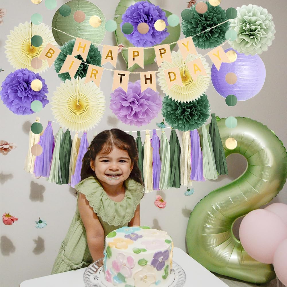 Lavender and Sage Green Birthday Decorations Lilac Sage Green and Purple Birthday Decorations for Girls Women with Lavender Purple Cream Dusty Green Tassel Garlands Banner Beige and Gold