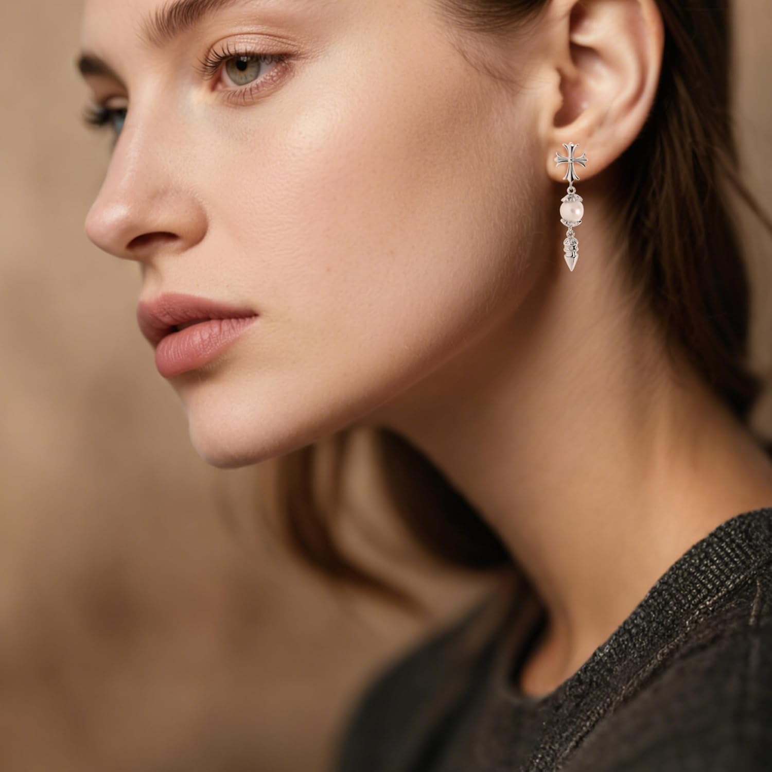 IDOKAWA AAA Natural Freshwater Pearl Cross Earrings 8-9mm Pearl Sterling Silver Ear Post Elegant Dangle Earrings Jewelry Gifts for Women