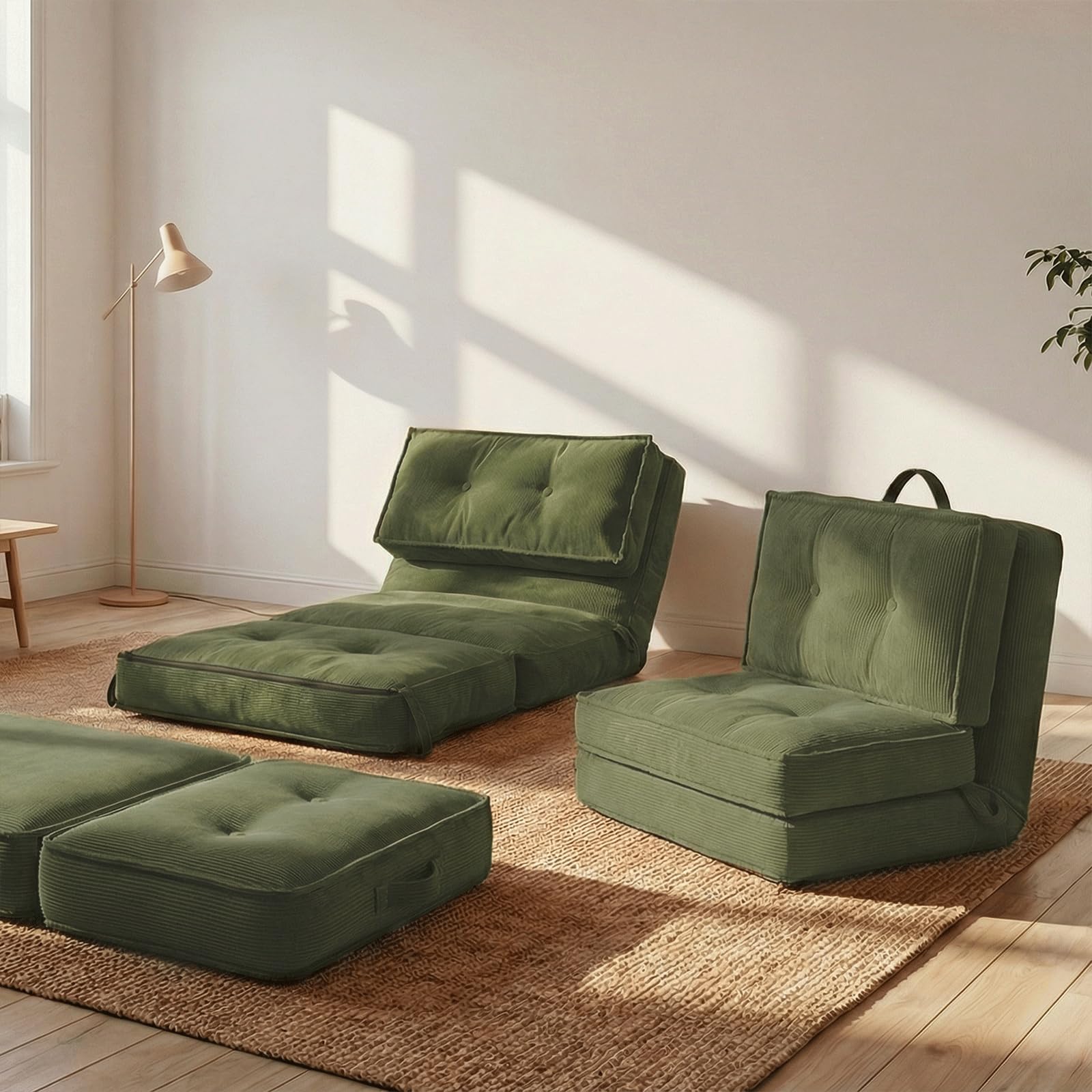 Fabulcozy,Sofá cama Convertible 4 en 1, respaldo de 5 posiciones, pana 8 revestimientos, marco de hierro resistente, asa y correas, versátil para salón u oficina, verde Chiaro