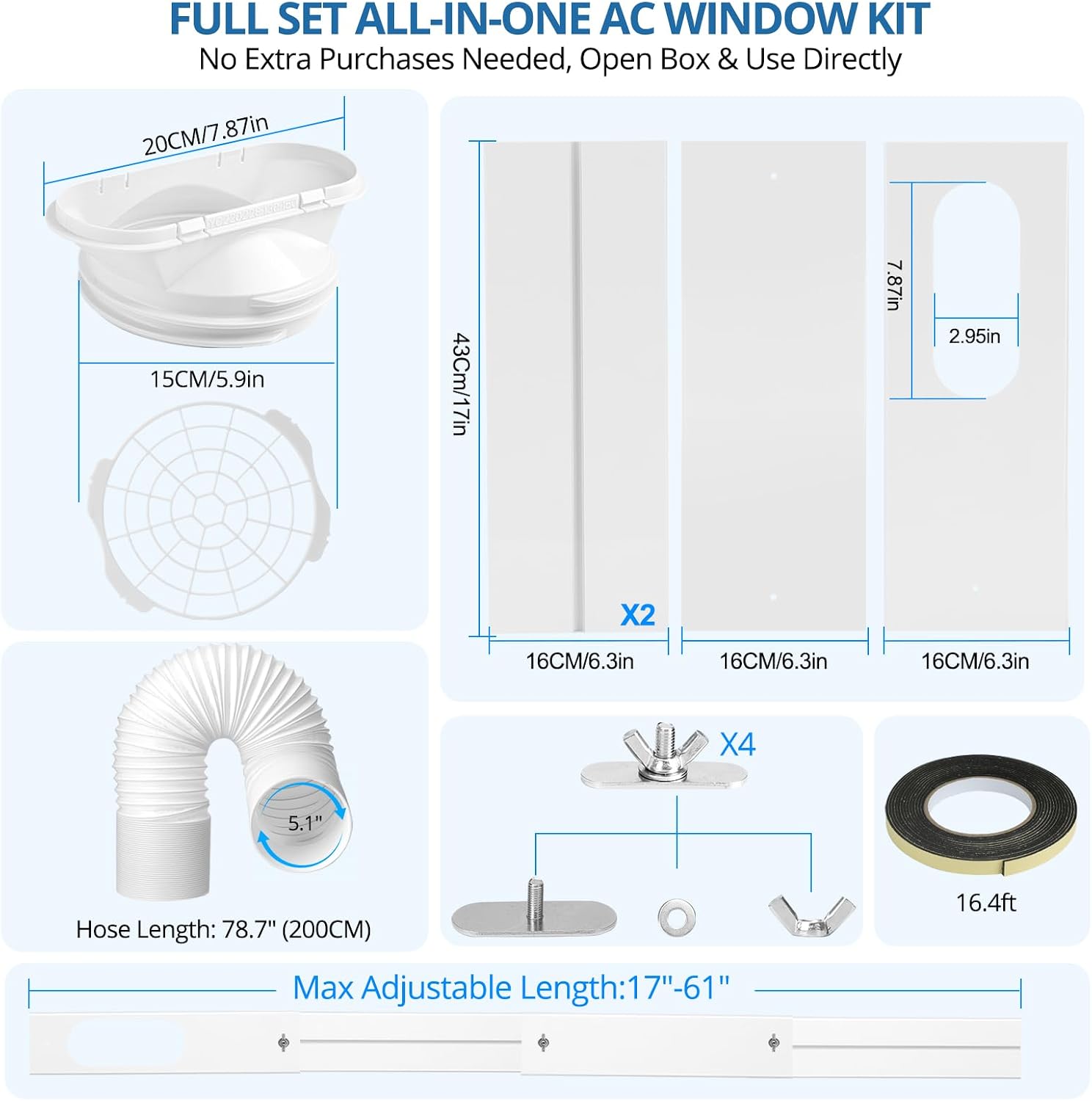 Portable AC Window Vent Kit, Universal Portable Air Conditioner Window Kit with 5.1x78.7 inch Anti-Clockwise Exhaust Hose, 6.3"W Adjustable Window Seal for Sliding Windows
