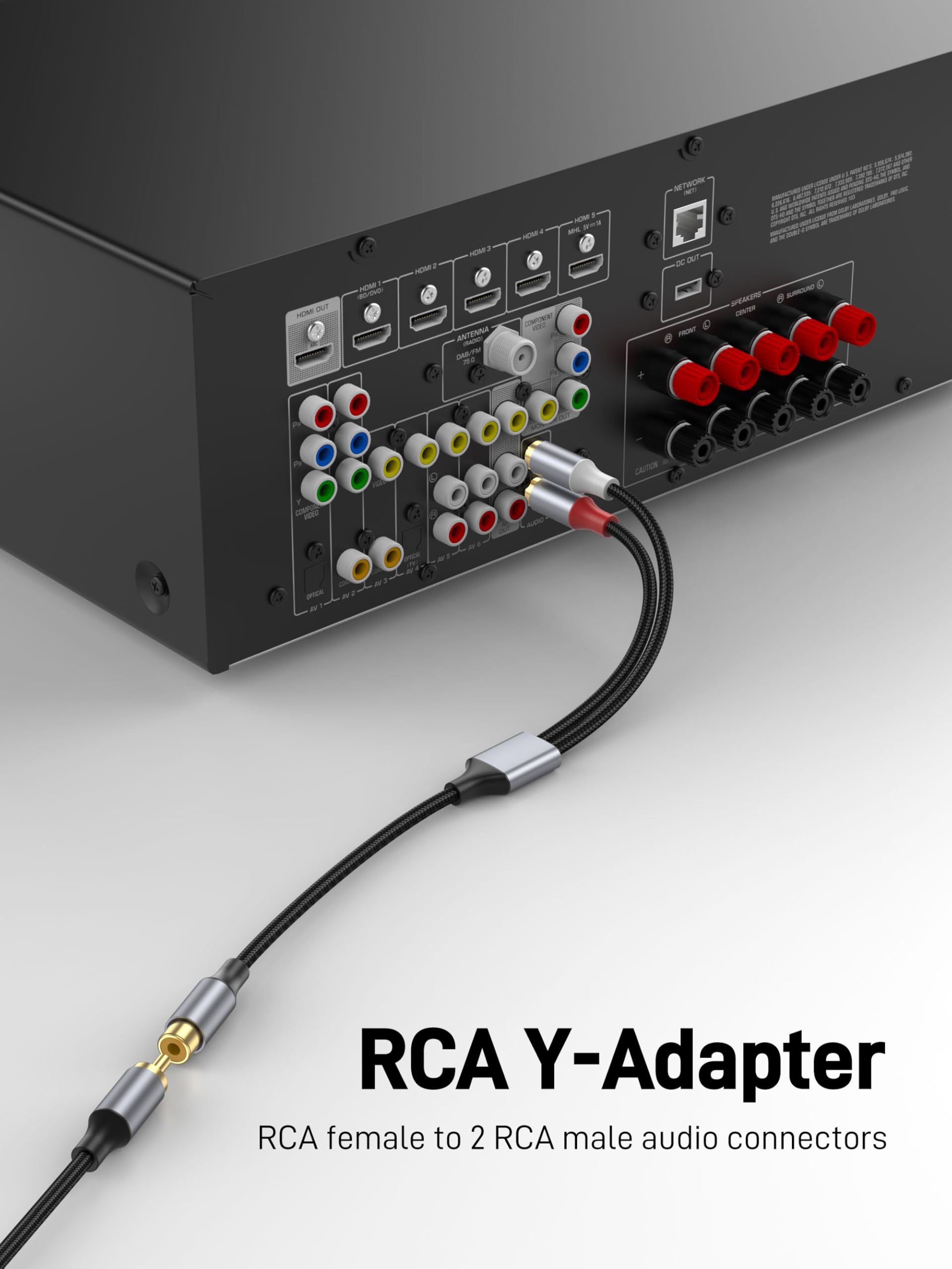RCA Y Adapter Splitter Cable, RCA Y Splitter 1 Female to 2 Male, 20cm Short Stereo Audio Y Cable for Amplifier, Subwoofer, Home Theater, DVD, TV, Speaker. - 2