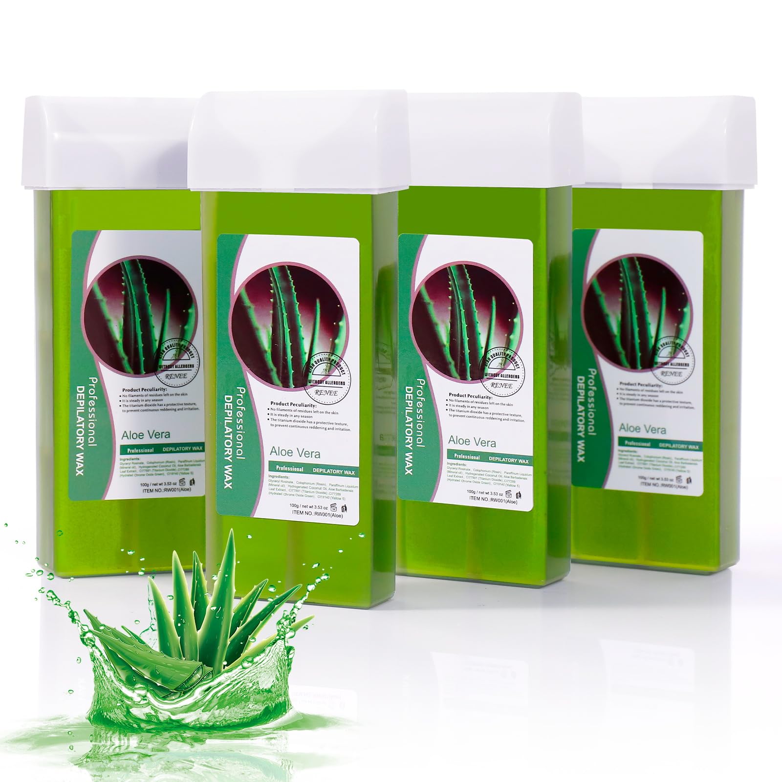 Aloe Roll on Wax Refill: Hair Removal Wax Roller Refill for Sensitive Skin Body Legs Arms - Soft Wax Cartridge for Roll on Wax Warmer (3.53oz/100g, 4Pack)