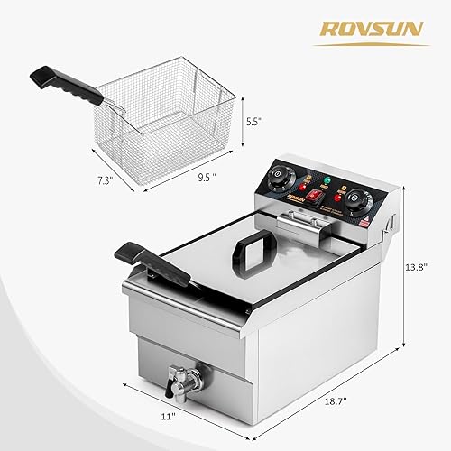 Miniatura 7 de ROVSUN Freidora eléctrica de 12.5 cuartos de galón con canasta, temporizador, drenaje y tapa, freidora de aceite comercial de acero inoxidable de un