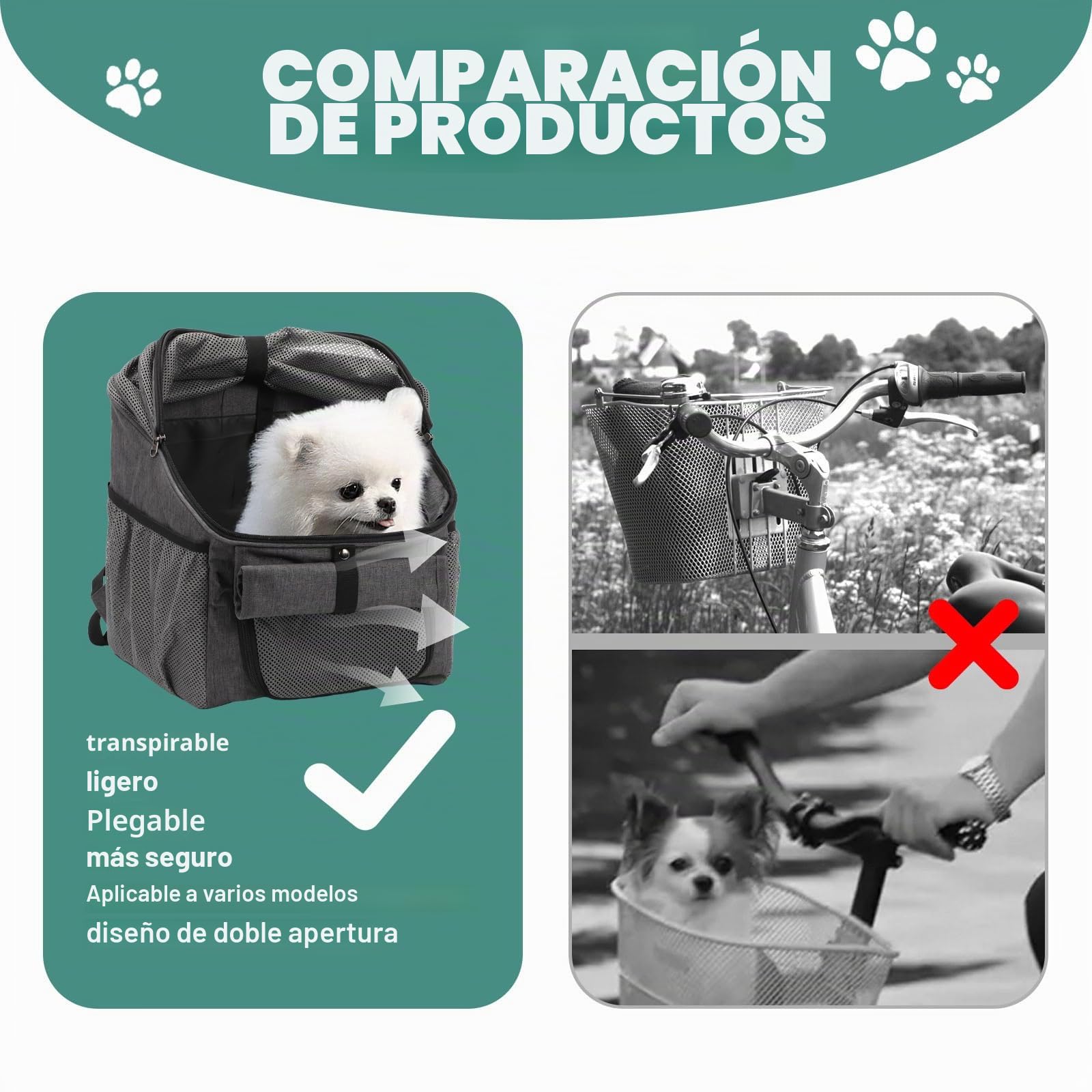 Cesta de bicicleta para mascotas con adaptador de manillar, cesta frontal plegable, bolsa de mochila para gato y perro con correa