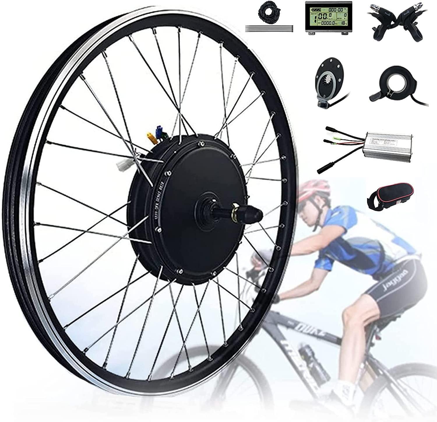Kit de Conversion Moteur Avant pour vélo électrique, 48 V 1000 W, Compatible avec Les moyeux de vélos électriques 20"/24"/26"/27,5"/28"/29"/700C, et incluant Un écran TK-LED900S.