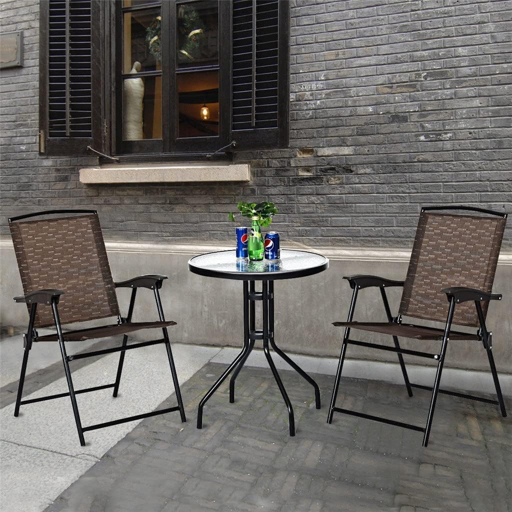 3PC Bistro Patio Garden Furniture Set 2 Folding Chairs Glass Table Round Steel Table