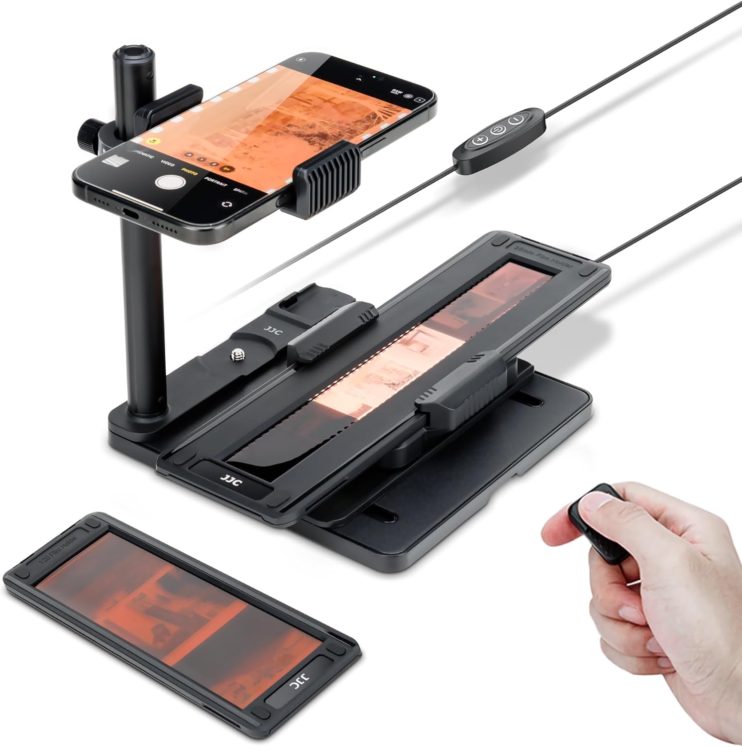JJC Mobile Film Scanner Digitizer Set for 35mm 120 Negative Film to Digital, with 11 Level LED Backlight & Phone Clip & Magnetic 35mm 120 Negative Film Holder