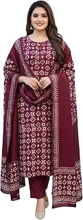 BHARVITA Women's Cotton Blend Regular Wine Straight Printed Kurta with Round Nack 3/4 Sleeves and Pant or Dupatta | Kurta ... Price In India