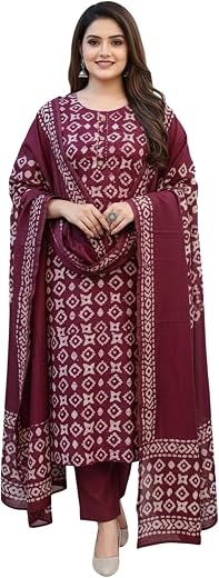 BHARVITA Women's Cotton Blend Regular Wine Straight Printed Kurta with Round Nack 3/4 Sleeves and Pant or Dupatta | Kurta ...