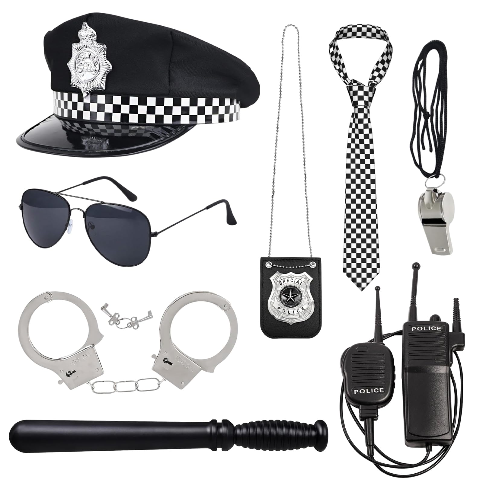 8 PCS Police Costume, Police Accessories for Girls Boys Kids with Walkie Talkies Handcuffs Badge Eyeglasses Baton Whistle Hat Tie for Halloween Cop Outfit Fancy Dress Costumes