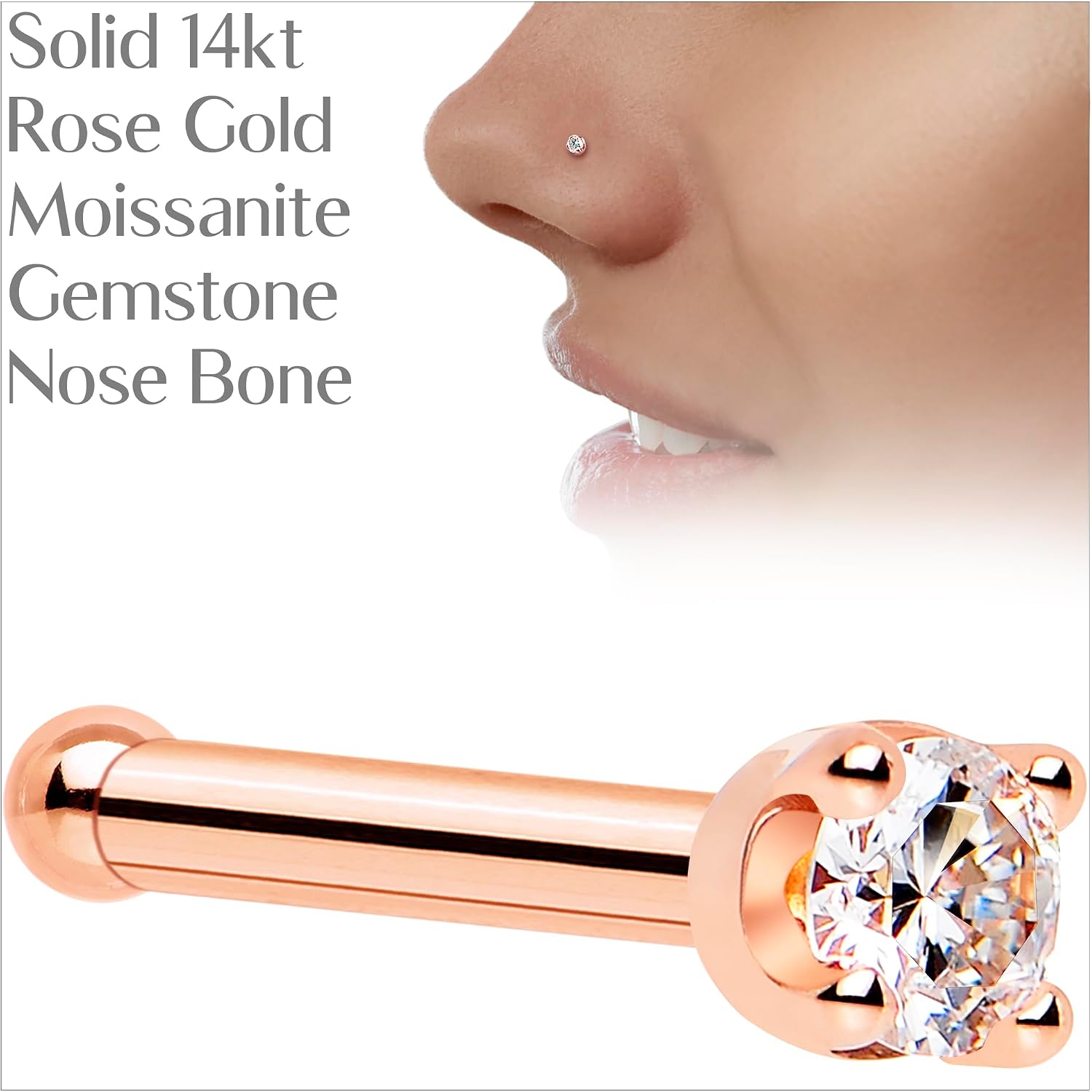 Body Candy 14k Solid Gold Nose Ring Studs -2mm Moissanite Nose Bone 18 Gauge Real Rose Gold Nose Ring Piercing Jewelry - 14 K Gold Nose Stud, Nose Piercings, Gold Nose Studs for Women, Men