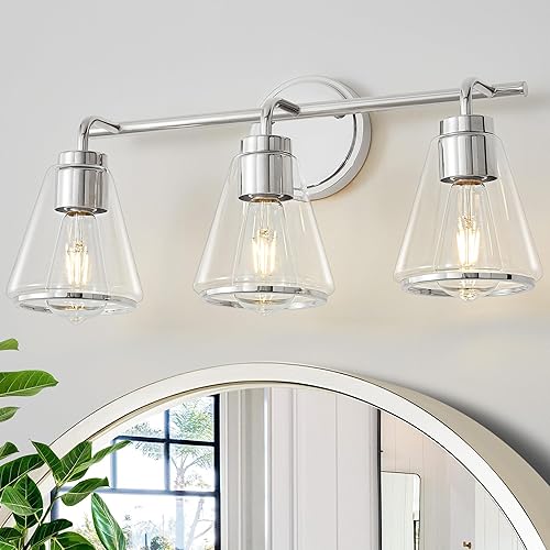 Miniatura 6 de Lámpara de tocador de baño  3 luces sobre espejo con pantalla de vidrio transparente, aplique de pared moderno de 22 pulgadas, níquel pulido