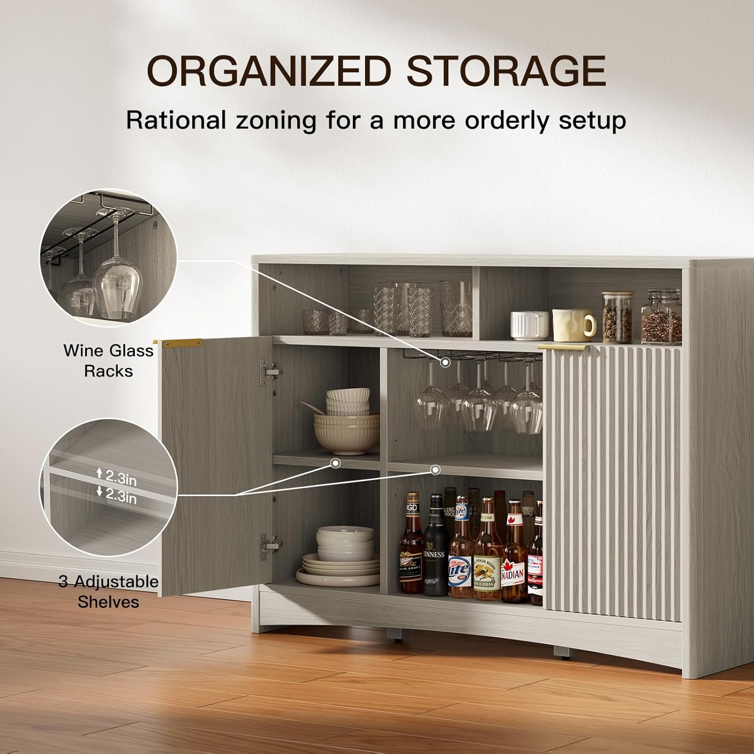 Interior view of the Pipishell Fluted Wine Bar Cabinet highlighting organized storage, including wine glass racks and adjustable shelves with three possible height levels.