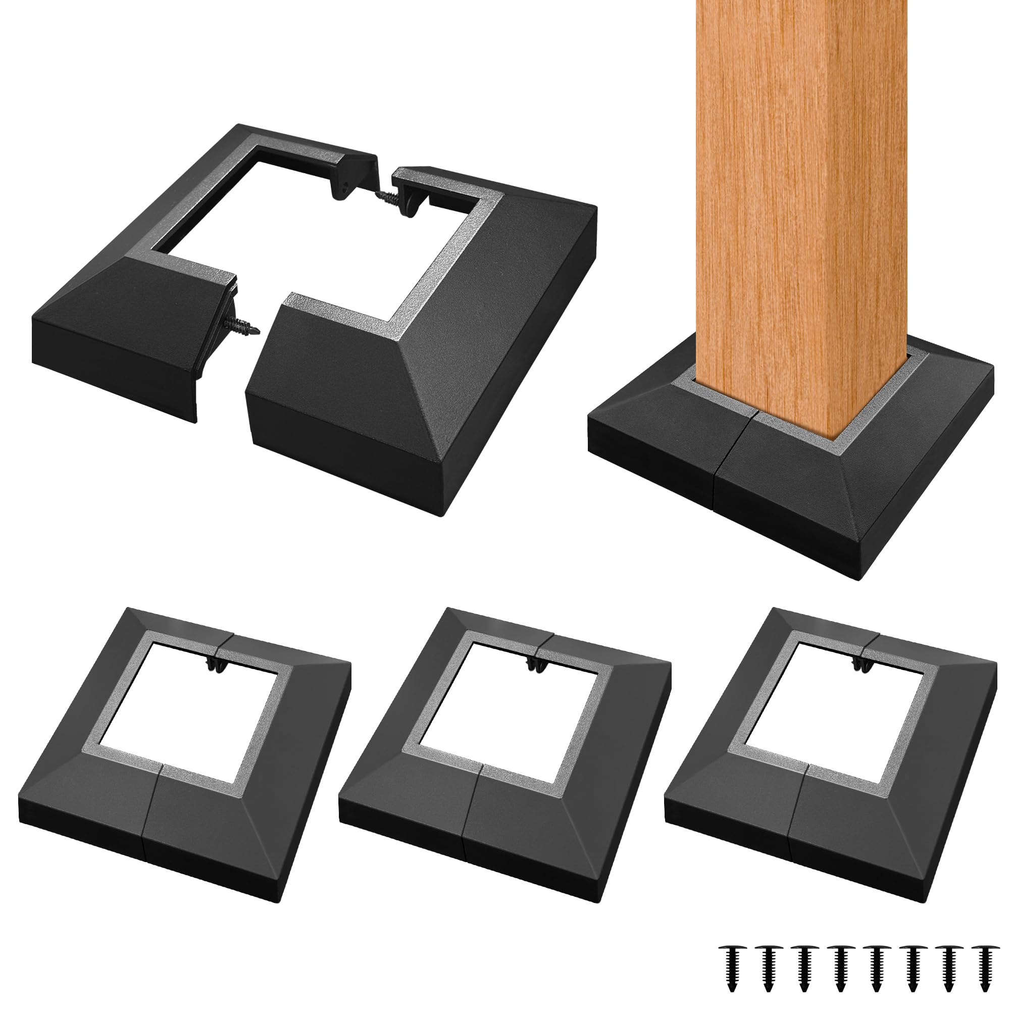 Photo 1 of 4 Pack 3X3IN Aluminum Split Deck Post Base Cover, Solid Fence Trim Skirt, Post Foot Protection Replacement for Porch Stairs Outdoor Decor Railing (5.8x5.8IN Outer Size) Matte Black