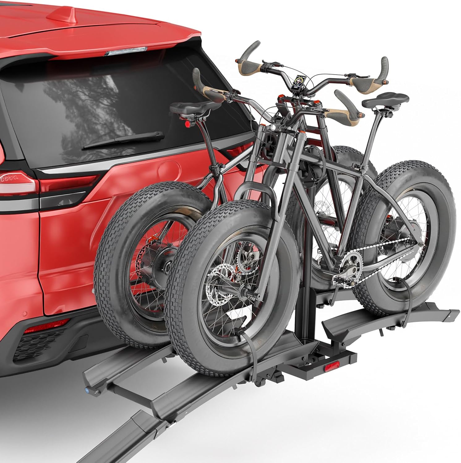 Upgraded 200lbs Hitch E-Bike Rack with Ramp – Fits 2 E-Bikes, 2" Receiver, Foldable & Tilting Platform for Cars, SUVs, Trucks, Compatible with Fat Tires up to 5"