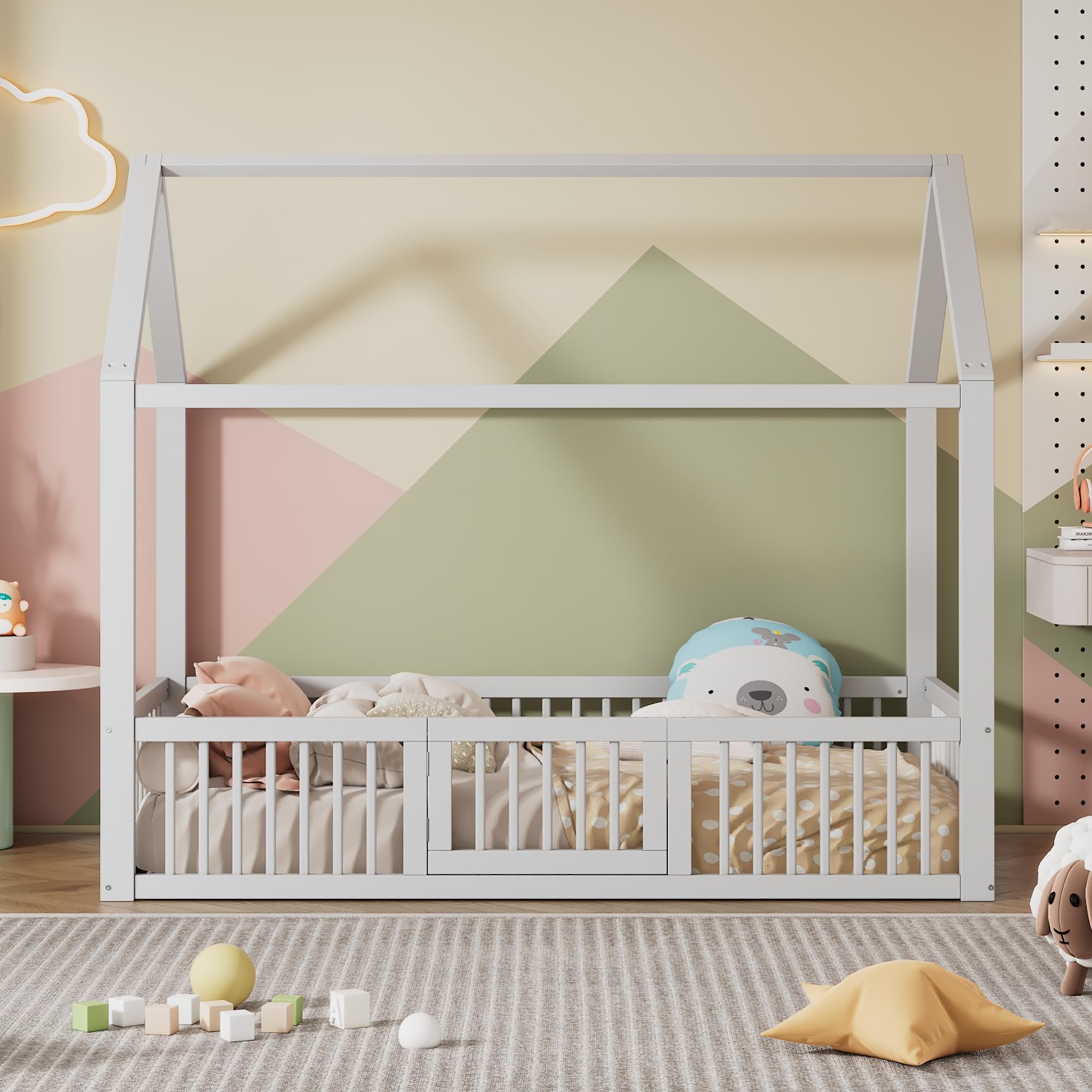 Kinderbett Hausbett 90x200 cm, Montessori Bodenbett mit Tür inkl. Rausfallschutz & Lattenrost, Massivholz Gitterbett Montessori Bett Babybett Kinder Jugendbett Einzelbett für Jungen & Mädchen, Weiß