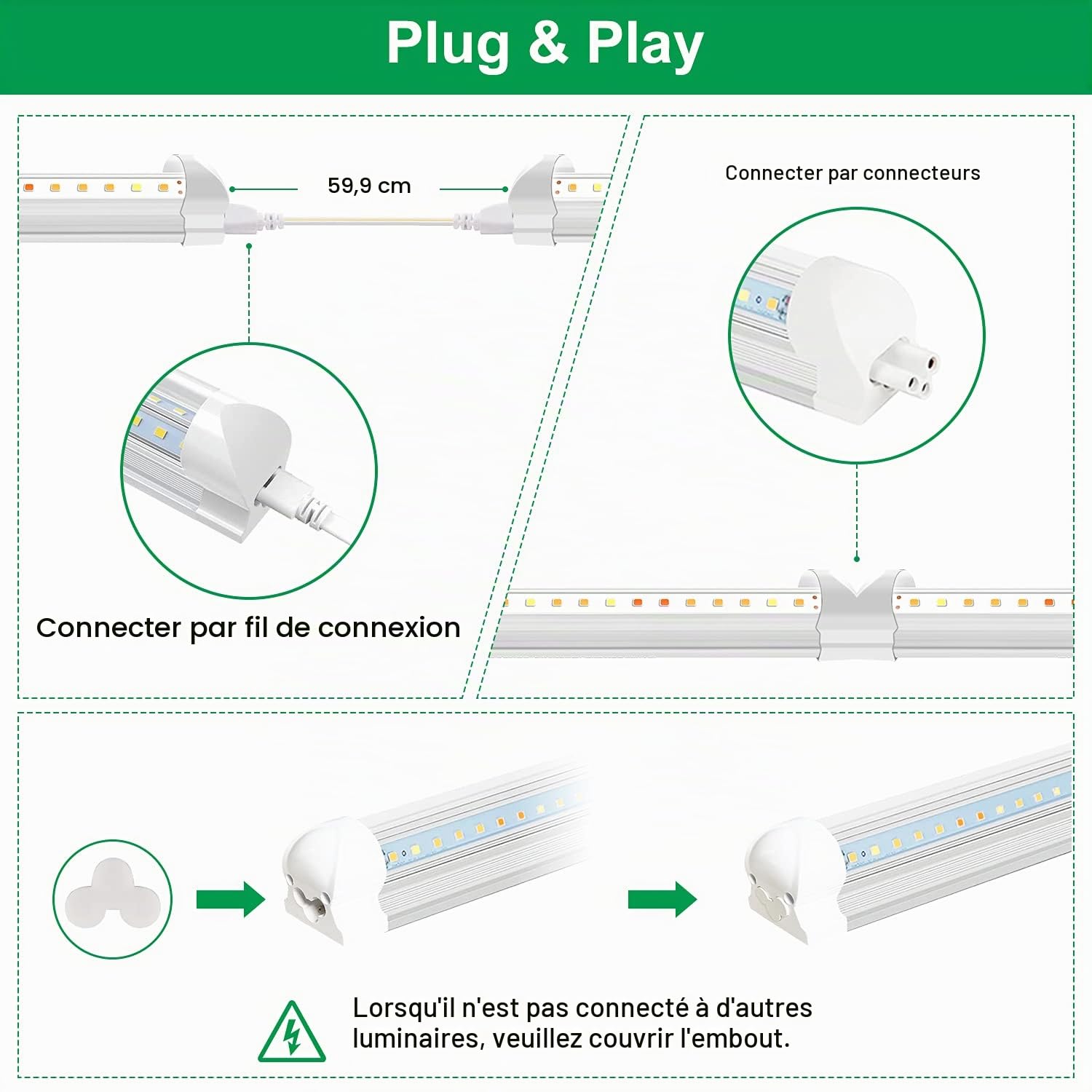 wolezek Lampe LED Horticole, 2FT 4 Pack T8 Spectre Complet Lampe pour Plantes Intérieur, 384 LEDs Lampe de Croissance pour Plantes, Conception en Daisy Chain(équivalent 300W HPS)