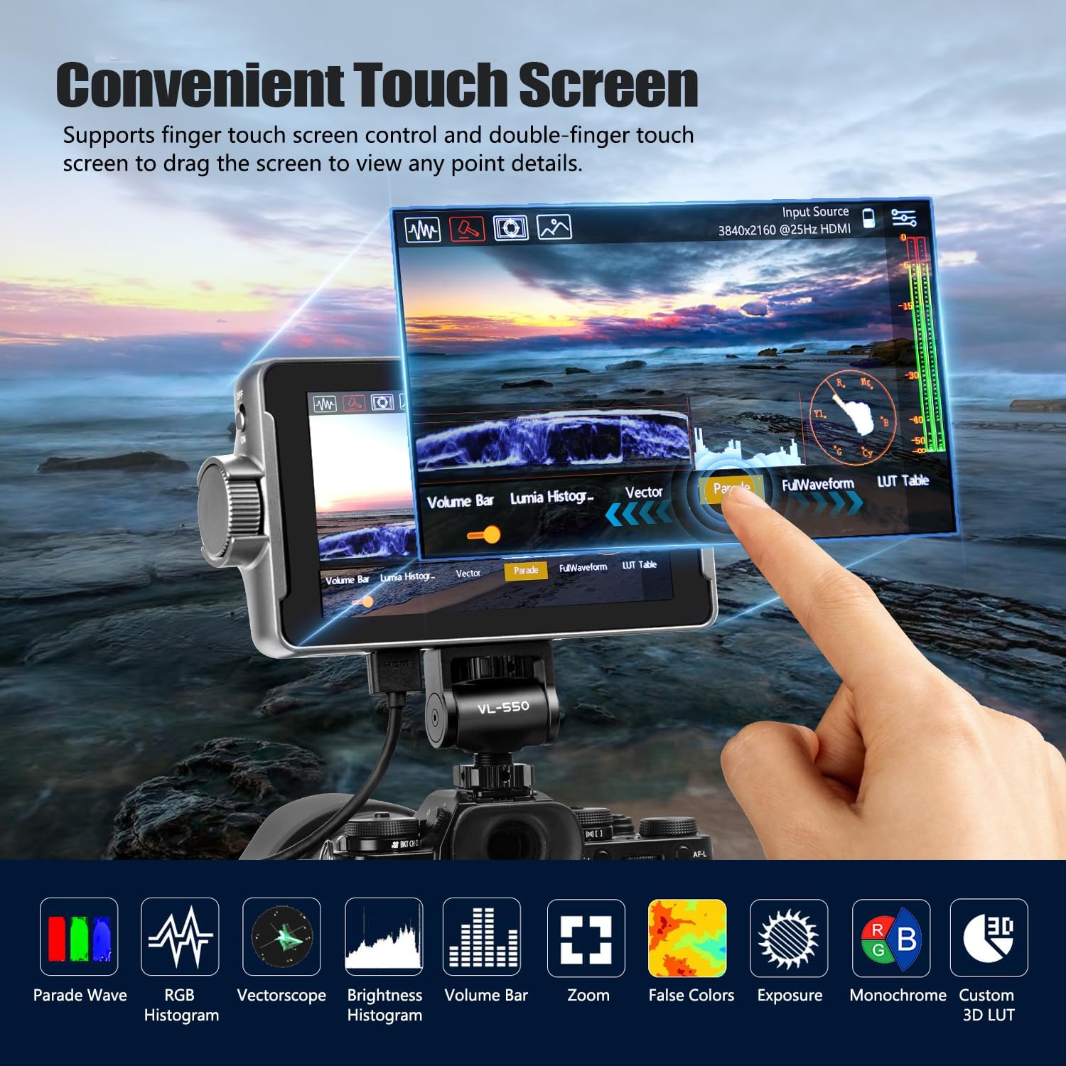 VILTROX DC-550 Touch Screen Camera DSLR Field Monitor 4K HDMI 5.5 Inch Camera Monitor with Battery/Sunshade Hood, 1200 Nits, 3D LUT, Focus Assist, Waveform, False Colors