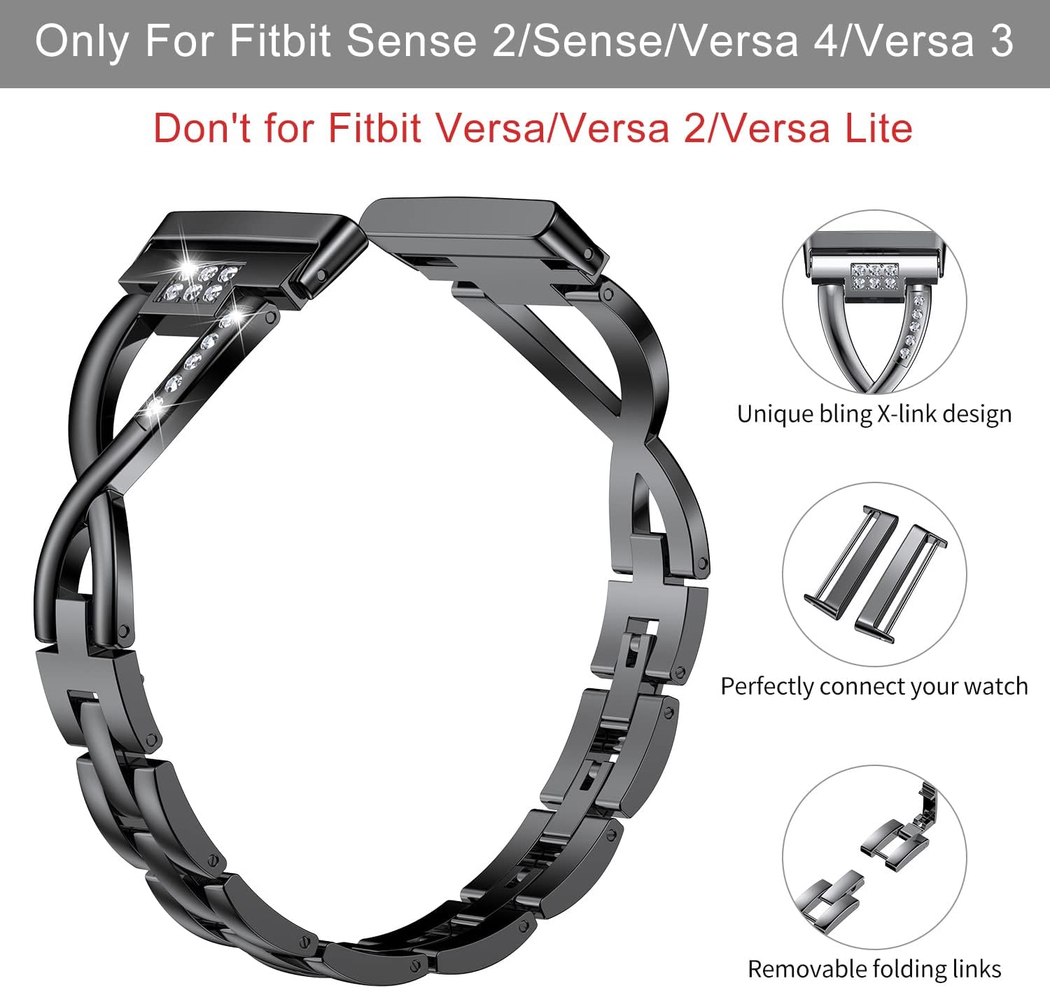 Wearlizer Metal Band Compatible with Fitbit Versa 4/Versa 3/Sense/Sense 2 Bands for Women, Dressy Stainless Steel Bling Rhinestone Link Bracelet Wristband Replacement Strap