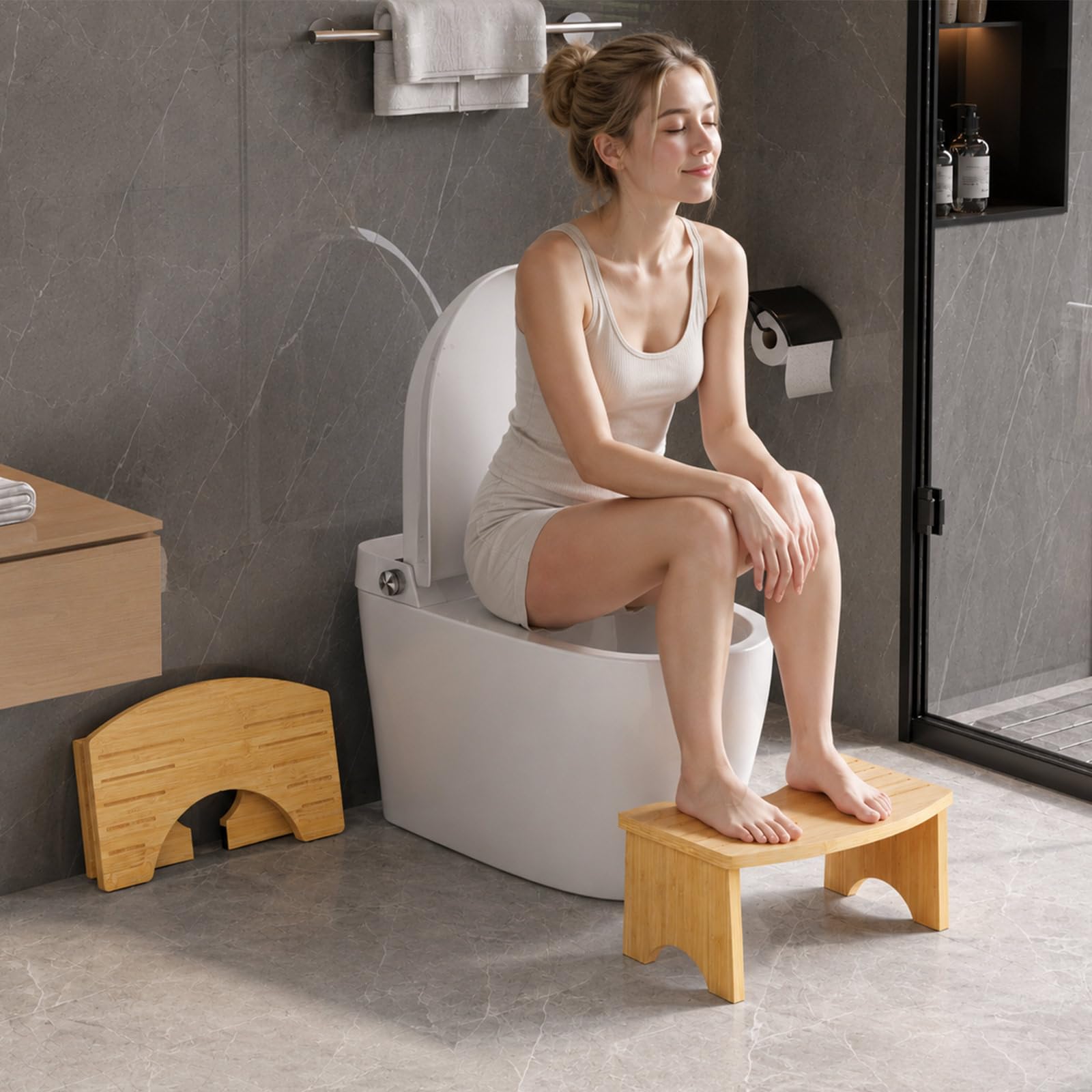 HOOBRO Sgabello Fisiologico in Legno Pieghevole per WC, Sgabello WC Pieghevole in Legno di bambù con Scanalature di Drenaggio, Senza Montaggio, con Piedini Antiscivolo, Naturale EYL02FP01