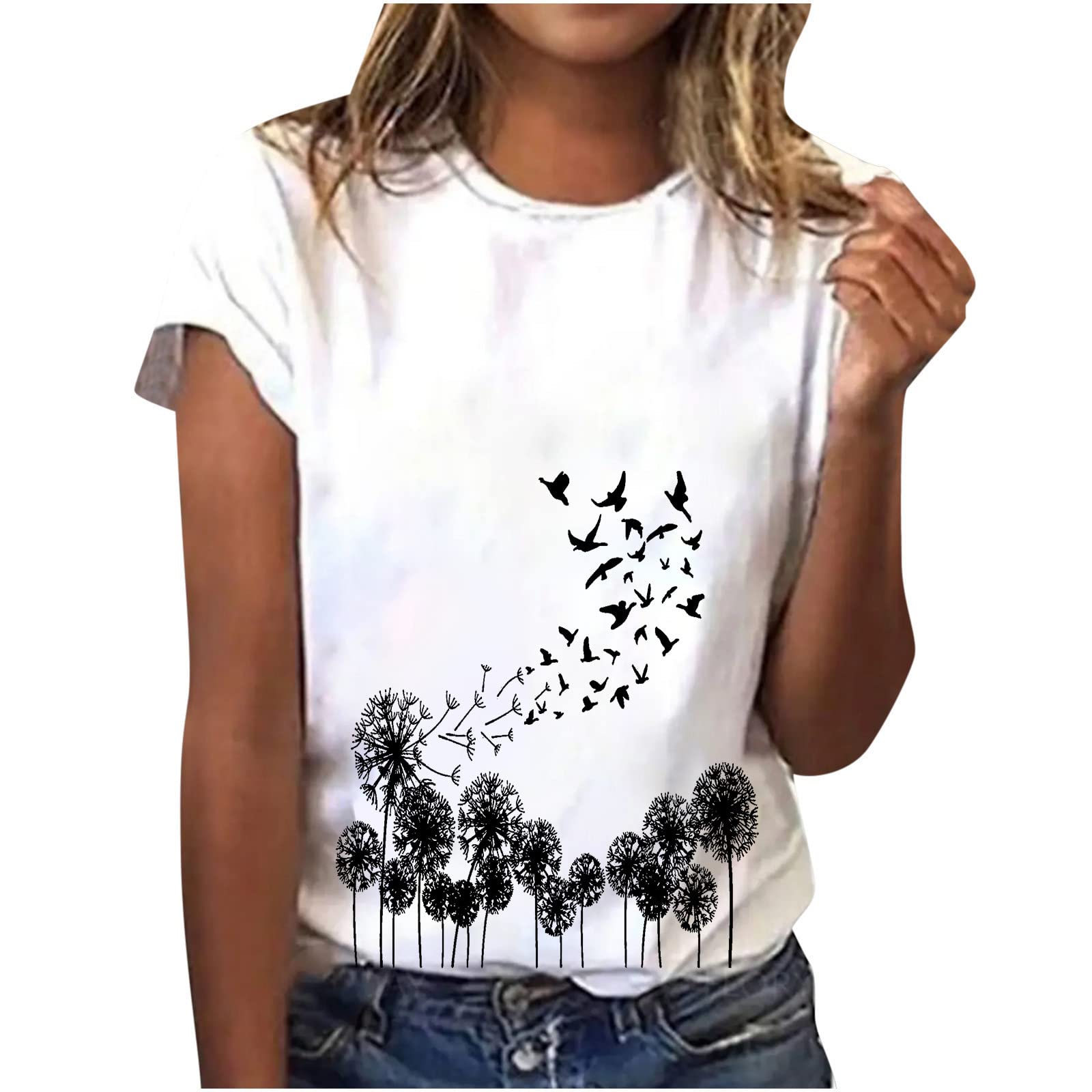 Camiseta Manga Corta Mujer Verano 2023 Moda Impresión Floral Basic Camisa Blusa Cuello Redondo Camiseta Elegant Suelto Tops Casual Fiesta Cómodo T-Shirt Original tee Playa