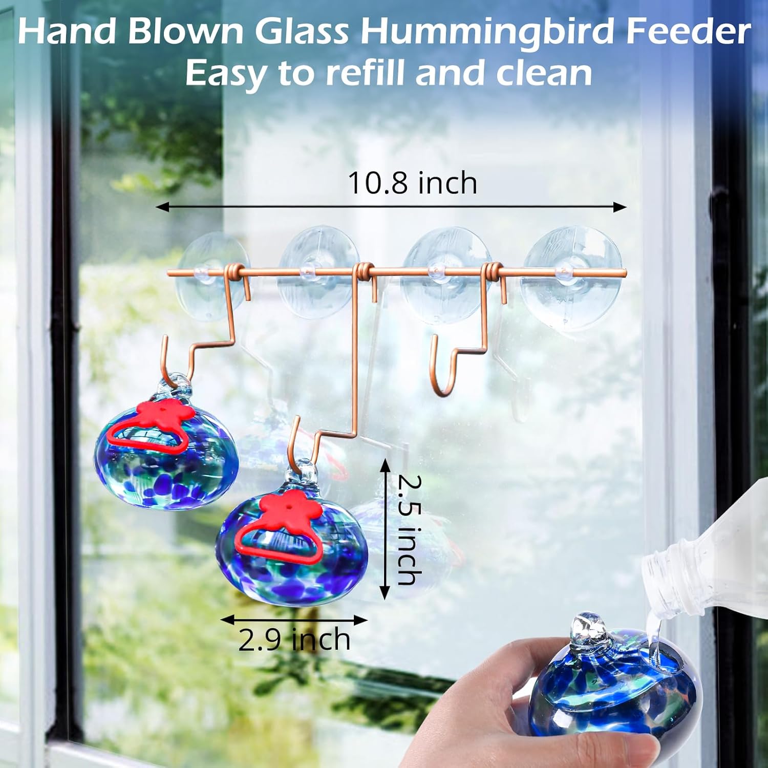 Window Hummingbird Feeder with Suction Cups,Hand-Blown Glass Hummingbird Feeders for Outdoors Window Mounted with Metal Hook,Close Bird Watching,Finch in Garden,Yard(Dotted Blue) - Image 3