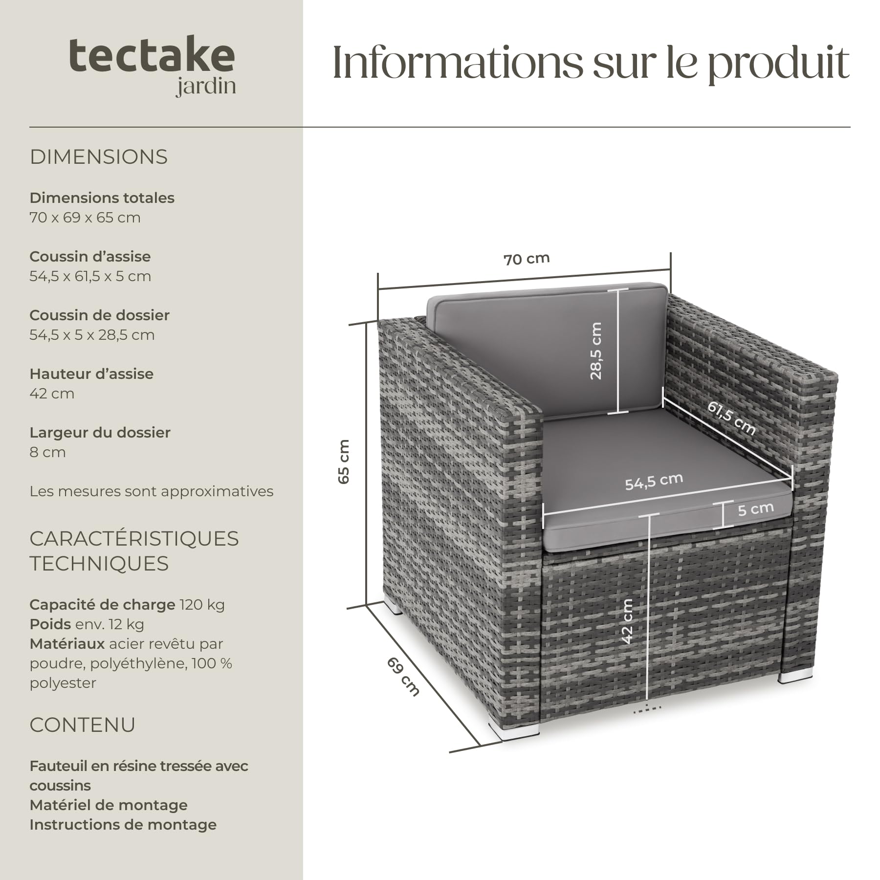 tectake® Fauteuil avec Accoudoirs pour Salon de Jardin Exterieur en Poly Rotin Salon de Jardin modulable Fauteuil Salon, Mobilier pour Amenagement Balcon Terrasse Veranda