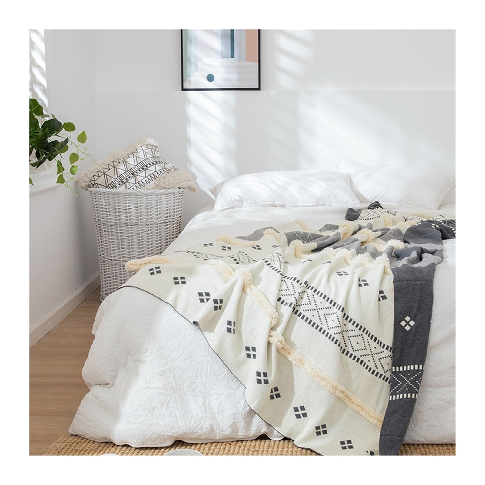 DHJKFU Bohemian Sofa Tufted Tassel Throw Blanket for Couch Bed