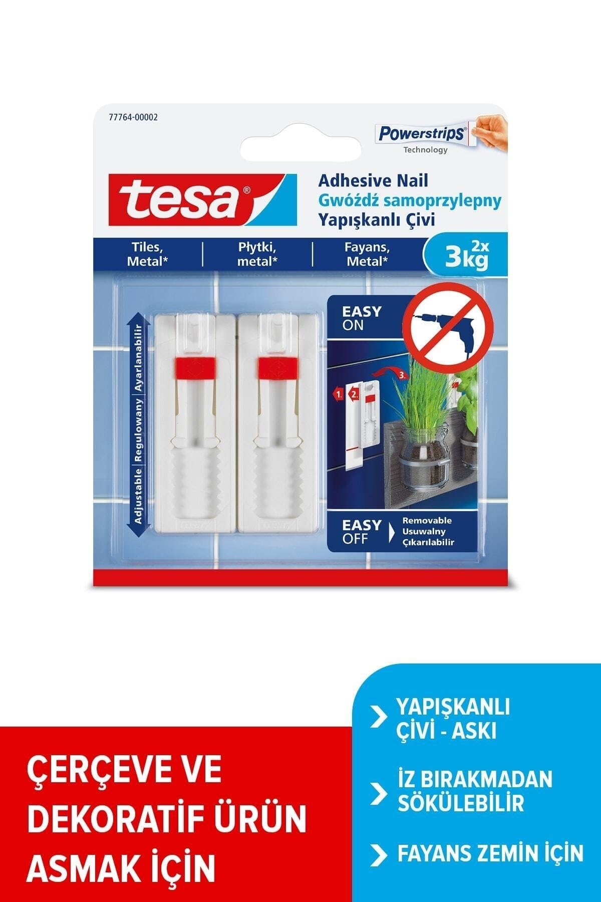Yapışkanlı Askı - Çivi, Iz Bırakmadan Sökülebilir, Fayans Ve Metal Yüzeyler Için, 3kg X 2 Adet