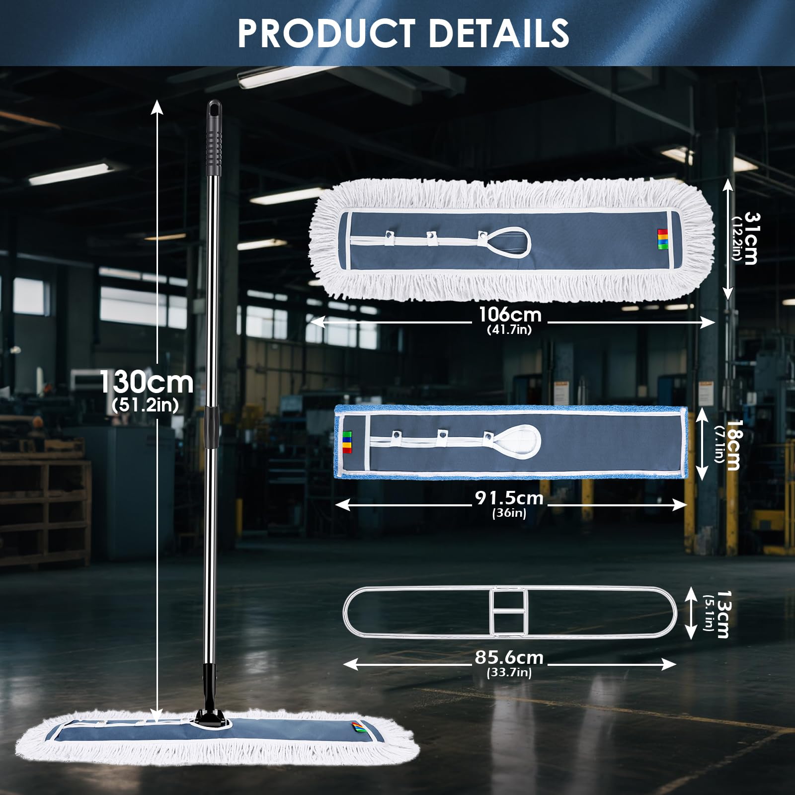 OZD Mocio industriale, largo 105 cm, resistente, con cuscinetti in microfibra e cotone riutilizzabili, per pavimenti duri, laminati e piastrelle, girevole a 360°, per uffici, hotel, garage, ospedali