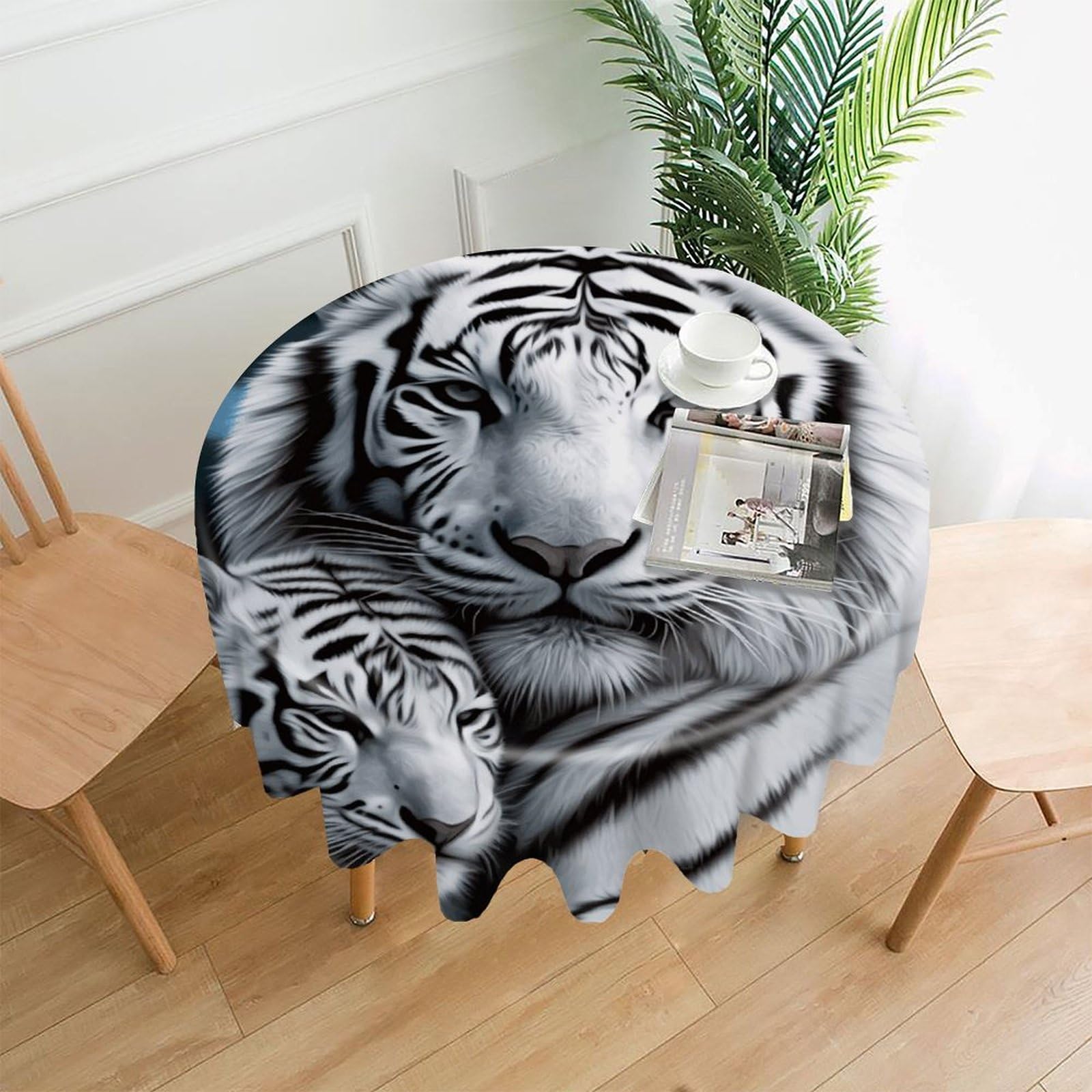 FodPand White Tiger Round Tablecloth - 60 Inch Premium Polyester Table Cloth, Fashion Wrinkle Resistant Decorative Table Cover for Dining Kitchen Party Buffet Tables