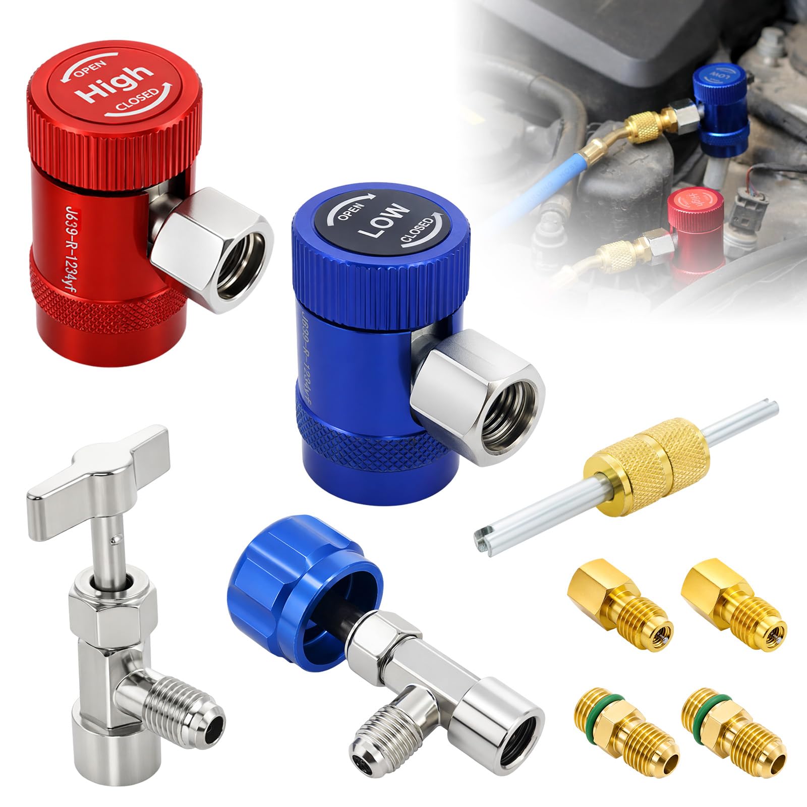 Ketofa R1234yf Adapter-Schnellkupplungs-Set für R1234yf Kältemittel, selbstdichtendes Dosenhahn- und Ventilkernentferner-Set, hohe und niedrige Seite R1234yf Adapter für 1/4 Zoll & 1/2 Zoll