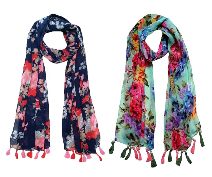 FABS COLLECTION Womens Printed Chiffon Multicolored Scarf & Stoles with Pearl Tassels Set of 2 (C2-04)
