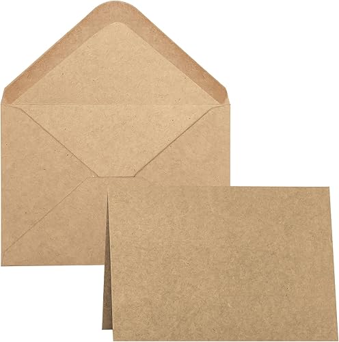 Paquete de 50 tarjetas y sobres en blanco de 4 x 6 pulgadas, tarjetas de felicitación y sobres marrones, cartulina plegada con sobres A6 para