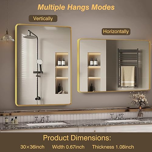 Miniatura 5 de Wanzvisk Espejos con marco dorado para baño, espejo rectangular de 40 x 32 pulgadas para pared, espejo de tocador dorado mate con vidrio templado,