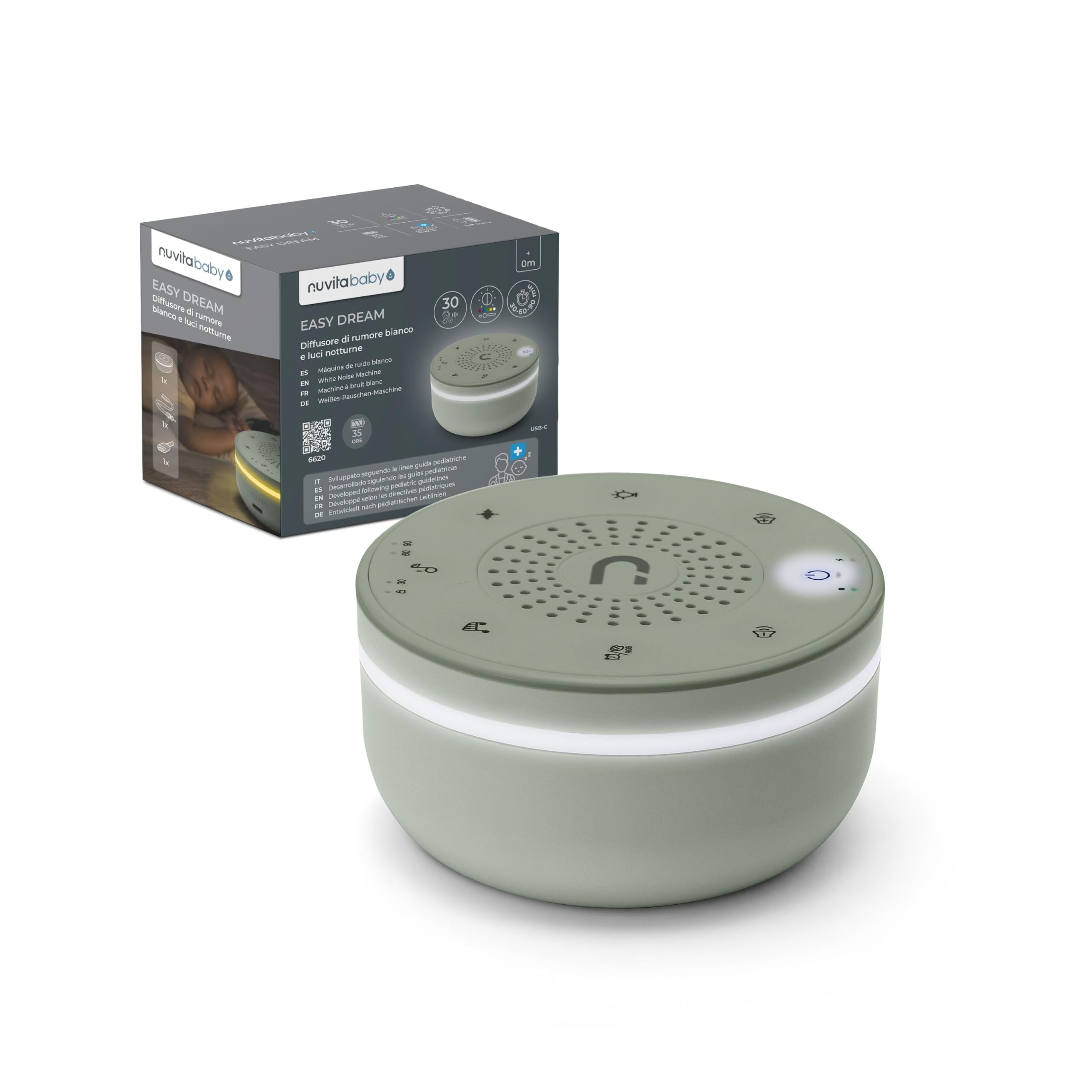 Nuvita 6620 Easy Dream Macchina Rumore Bianco e Luce Notturna – 30 Suoni Hi-Fi, 5 Colori Luce, Ricaricabile, Timer, Fino a 35h di Autonomia