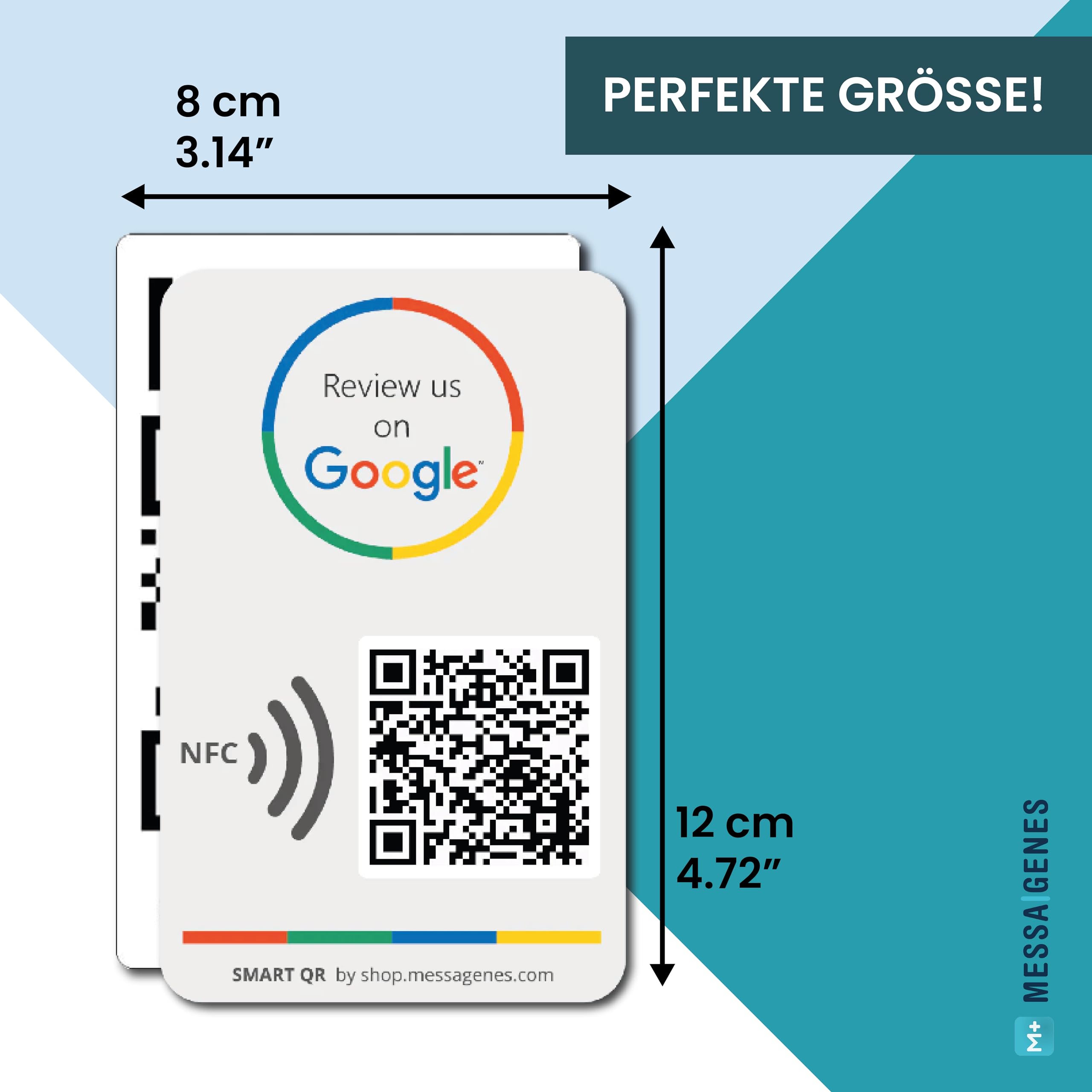 MESSAGENES | PVC-Karte Bewertung auf Google QR Code und NFC + INFO QR | Google Bewertung Aufsteller | PACK 2 Einheiten 12 x 8 cm | Schilder Bewertung NFC und QR Code | INFO + Google Review Card NFC