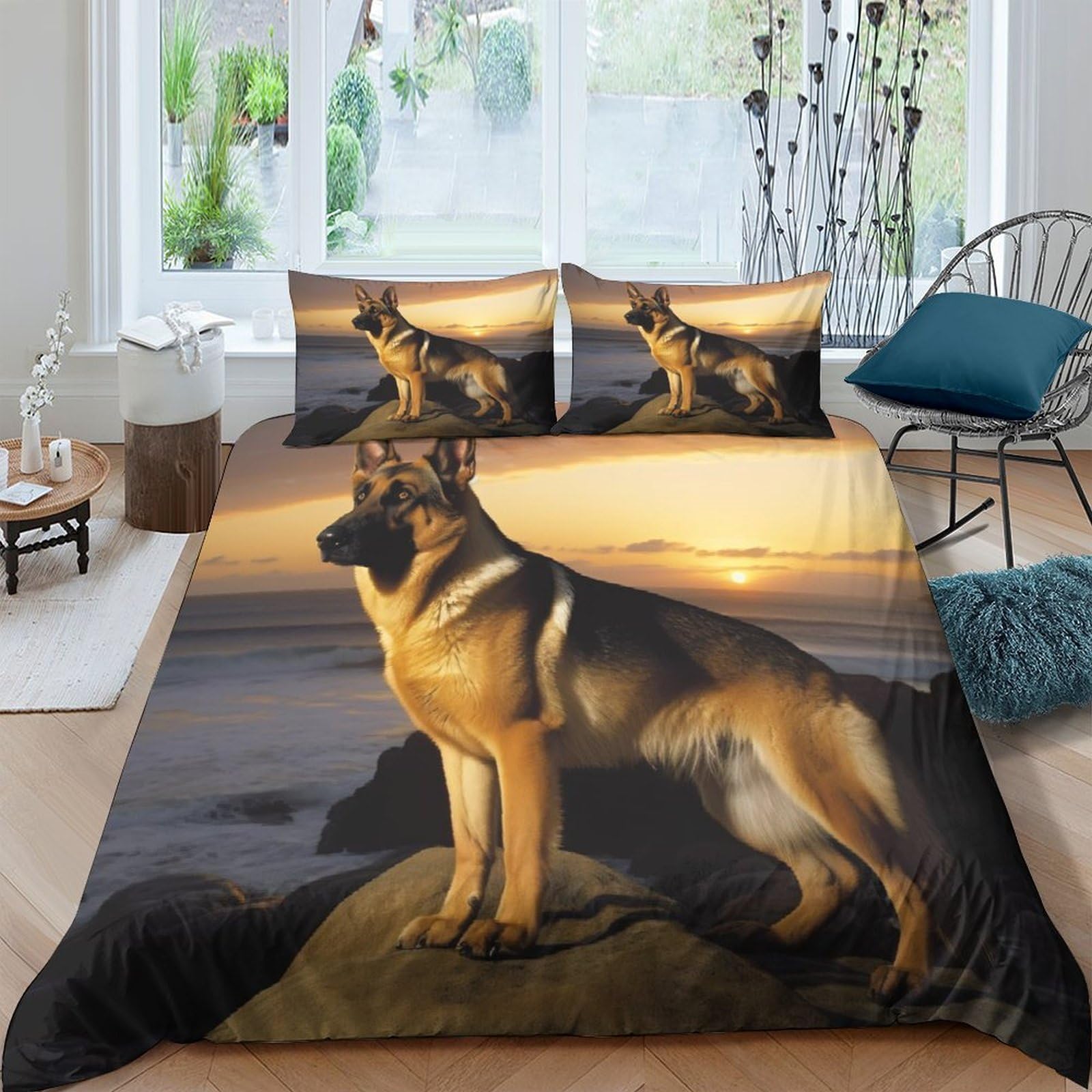Ctjqhvkz Style-9 3D Printed Sunset German Shepherd Fitted Sheet Microfiber Soft Bed Cover, Bedroom Decor, Mattress Protection, Easy Care Single（135X200cm）
