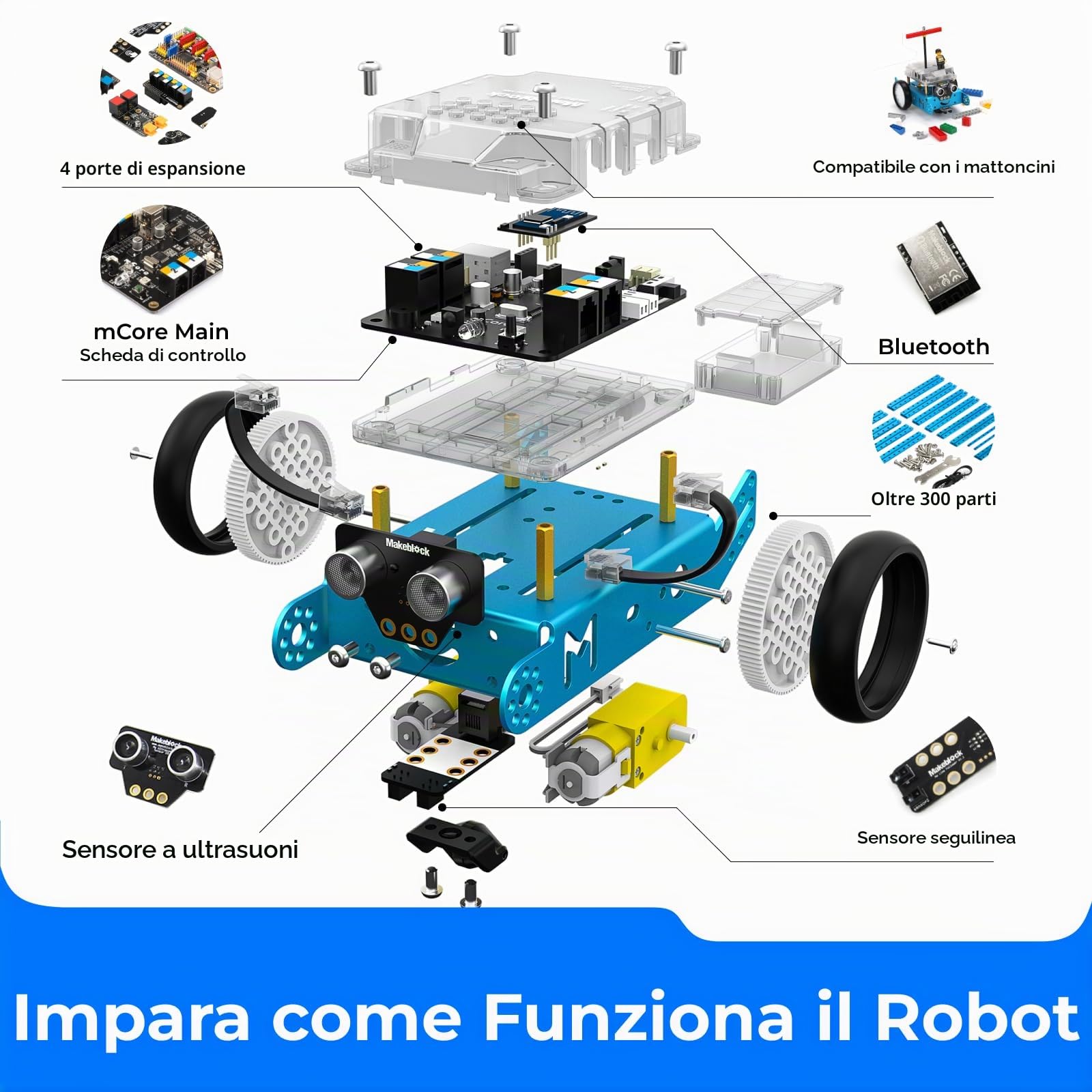 Makeblock mBot Robot Programmabile, STEM Giocattolo Compatibile con Programmazione Scratch / Arduino, Regali per Bambini Fonction Rileva Ostacoli, Segui linea, Robot di Codifica Robotico Kit - Blu