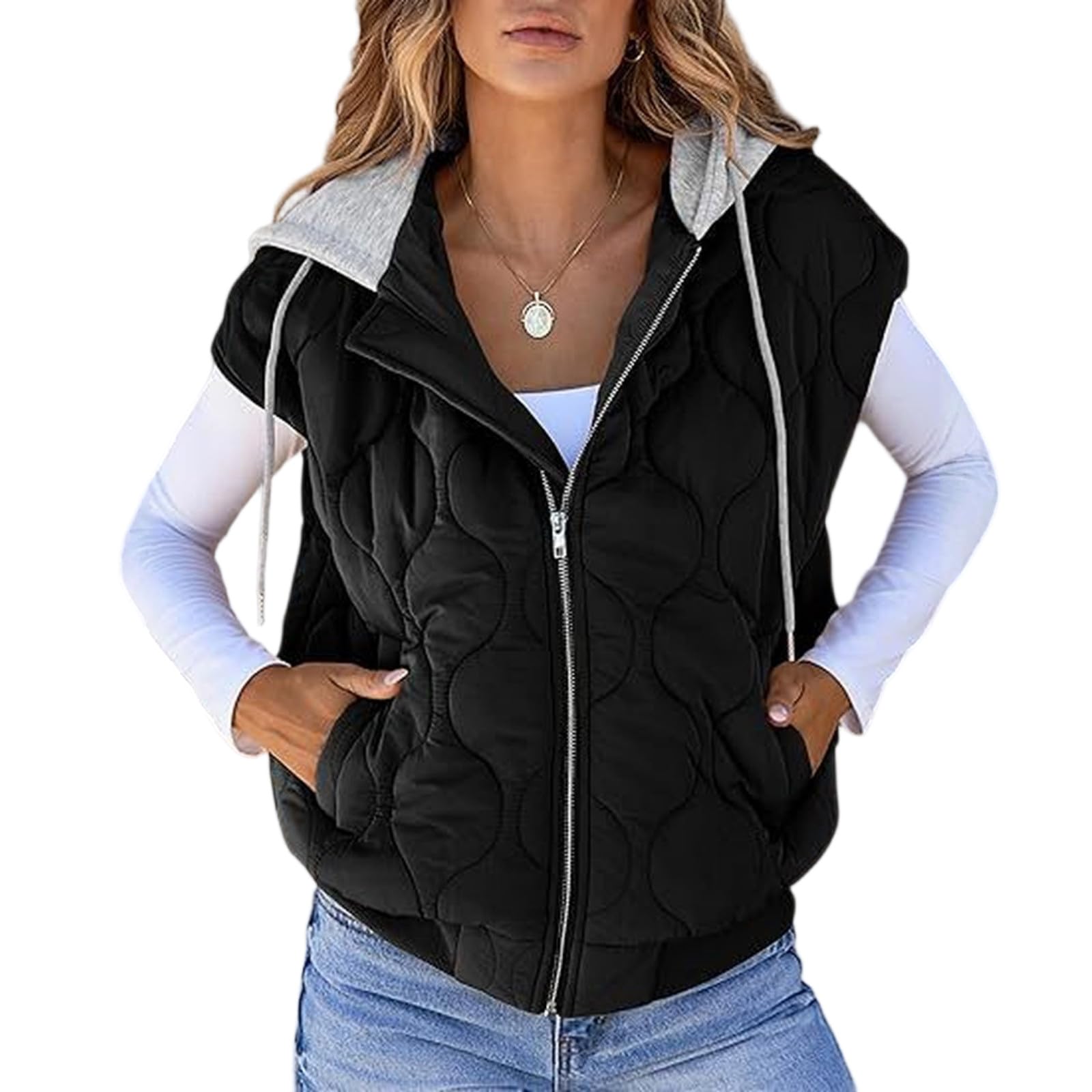 Generisch Steppweste Damen Leicht Mit Kapuze Weste Damen Ärmellos Kurz Westen Casual Warm Winter Herbstjacke Elegant Wasserdicht Übergangsjacke Patchwork Hoodie Damenweste Mit Reissverschluss